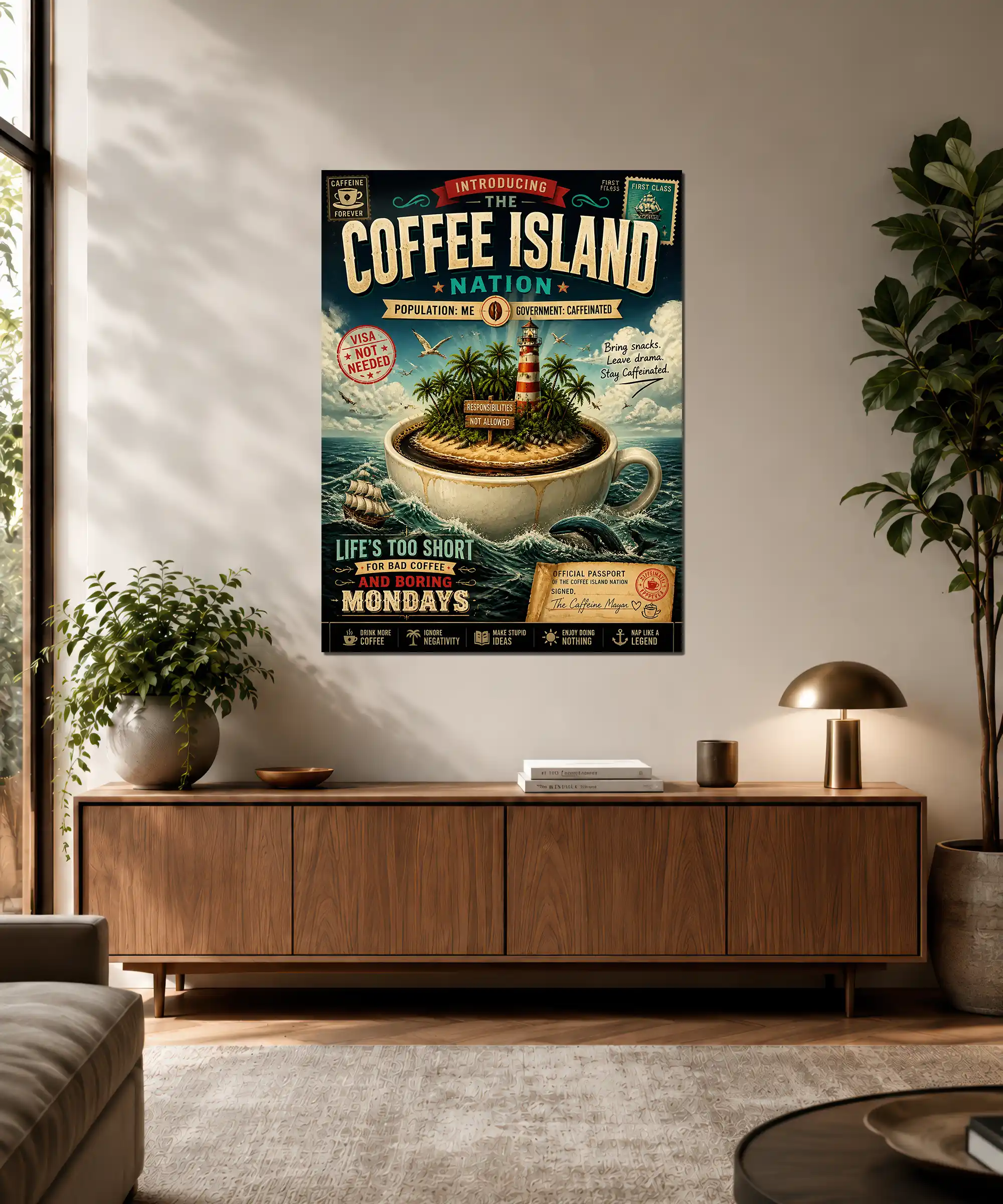 Coffee Island Coffee Poster 3 painting Coffee Island coffee wall art displayed in an interior with tropical island and caffeine humor
