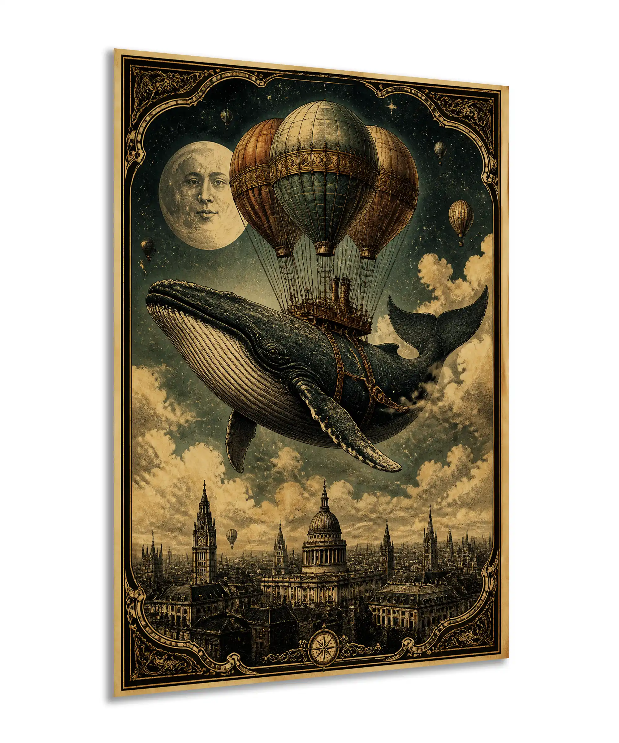 Flying Whale Surreal Poster 2 painting Angled flying whale poster featuring steampunk balloons and Big Ben in London