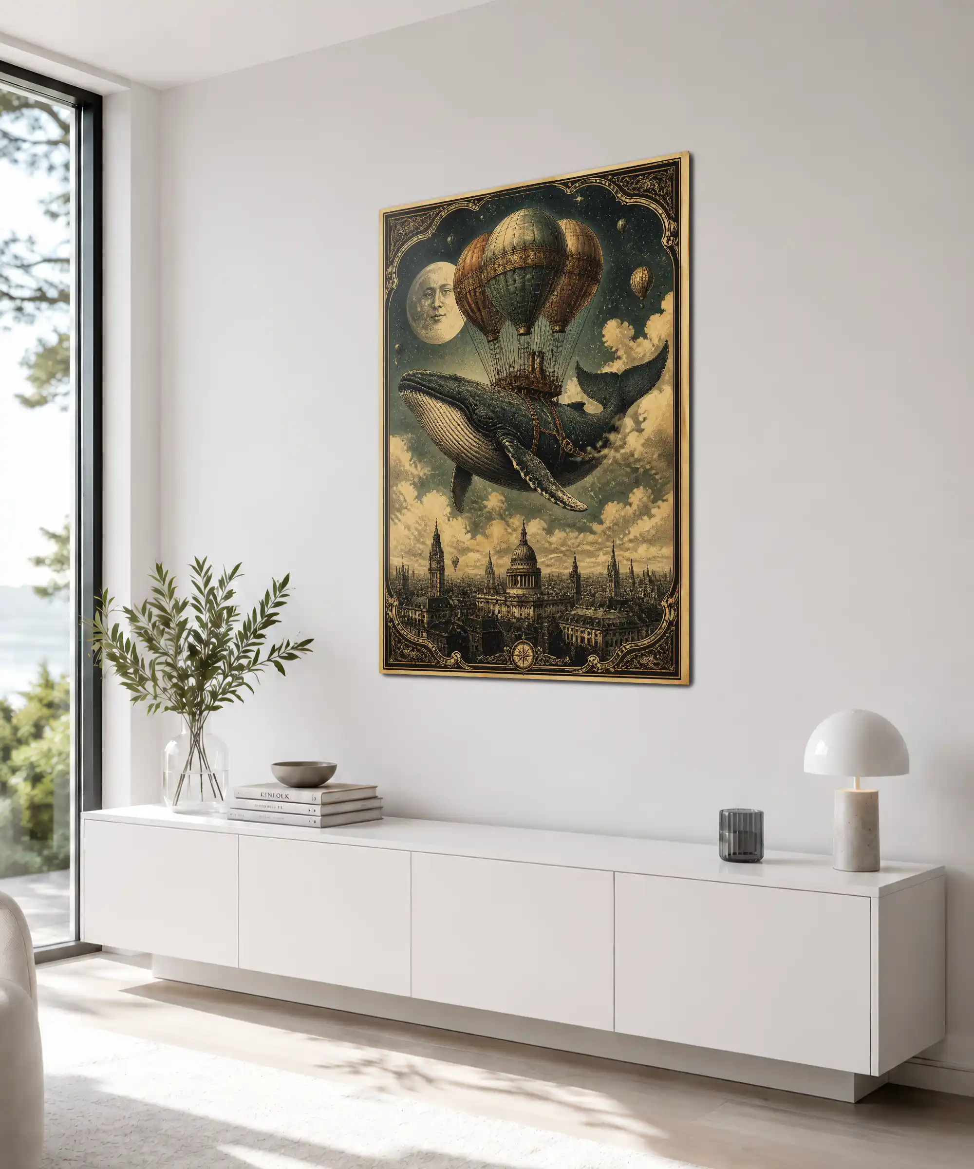 Flying Whale Surreal Poster 4 painting Angled vintage whale wall poster with balloons, moon, clouds, and London landmarks