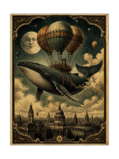 Vintage surreal whale poster with hot-air balloons floating above the London skyline