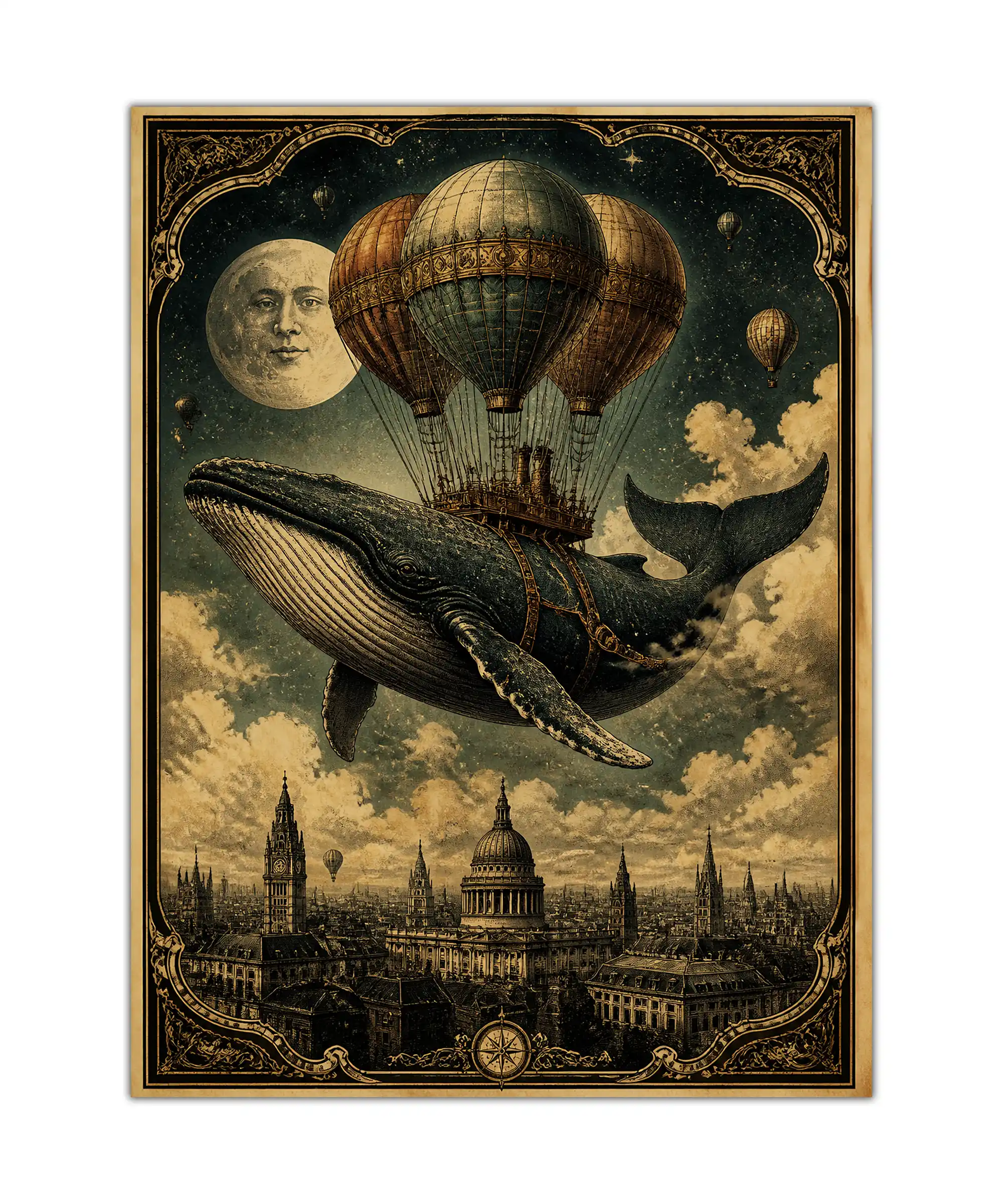 Flying Whale Surreal Poster 1 painting Vintage surreal whale poster with hot-air balloons floating above the London skyline