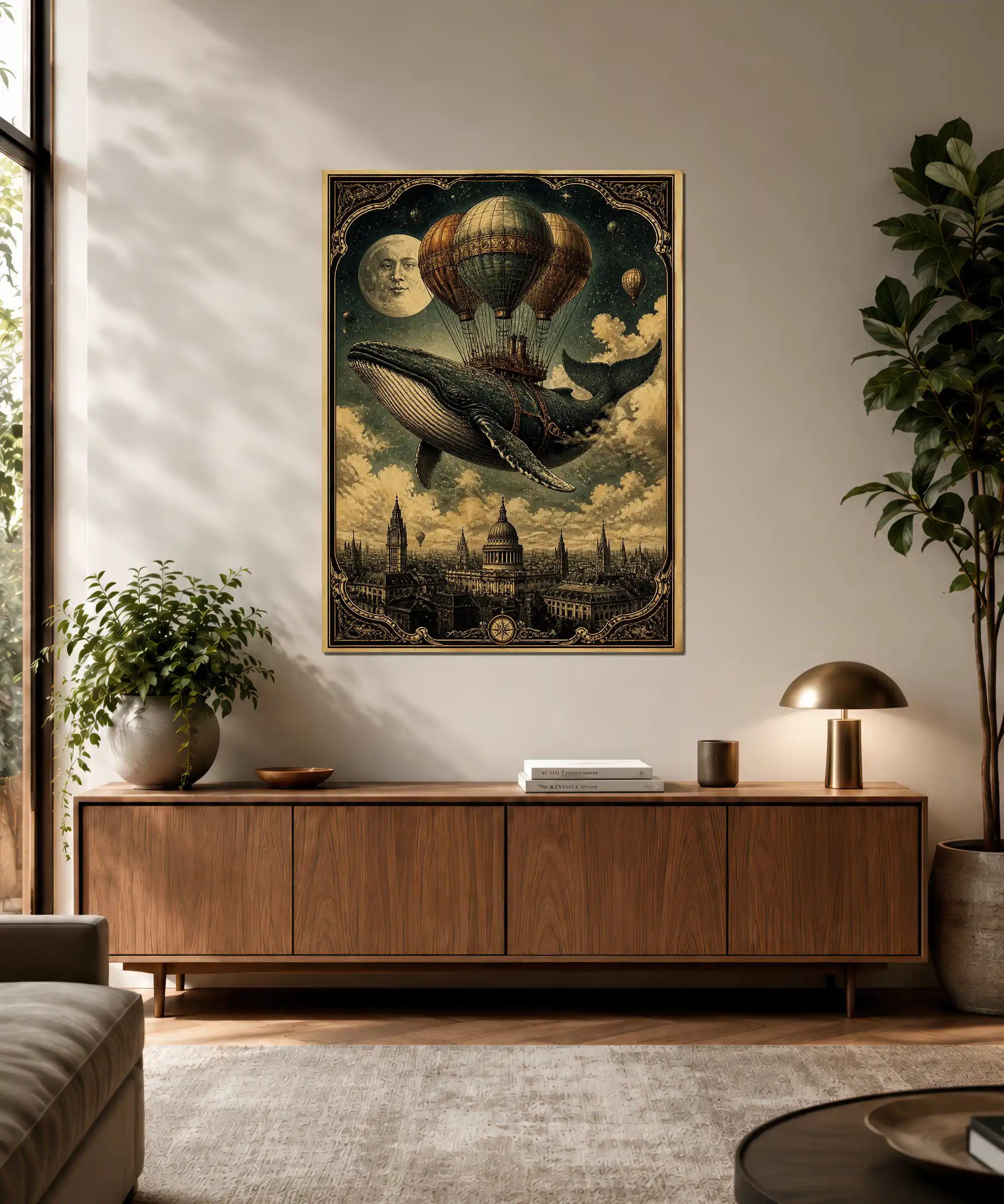 Flying Whale Surreal Poster 3 painting Surreal whale and airship London poster displayed as dramatic vintage wall art
