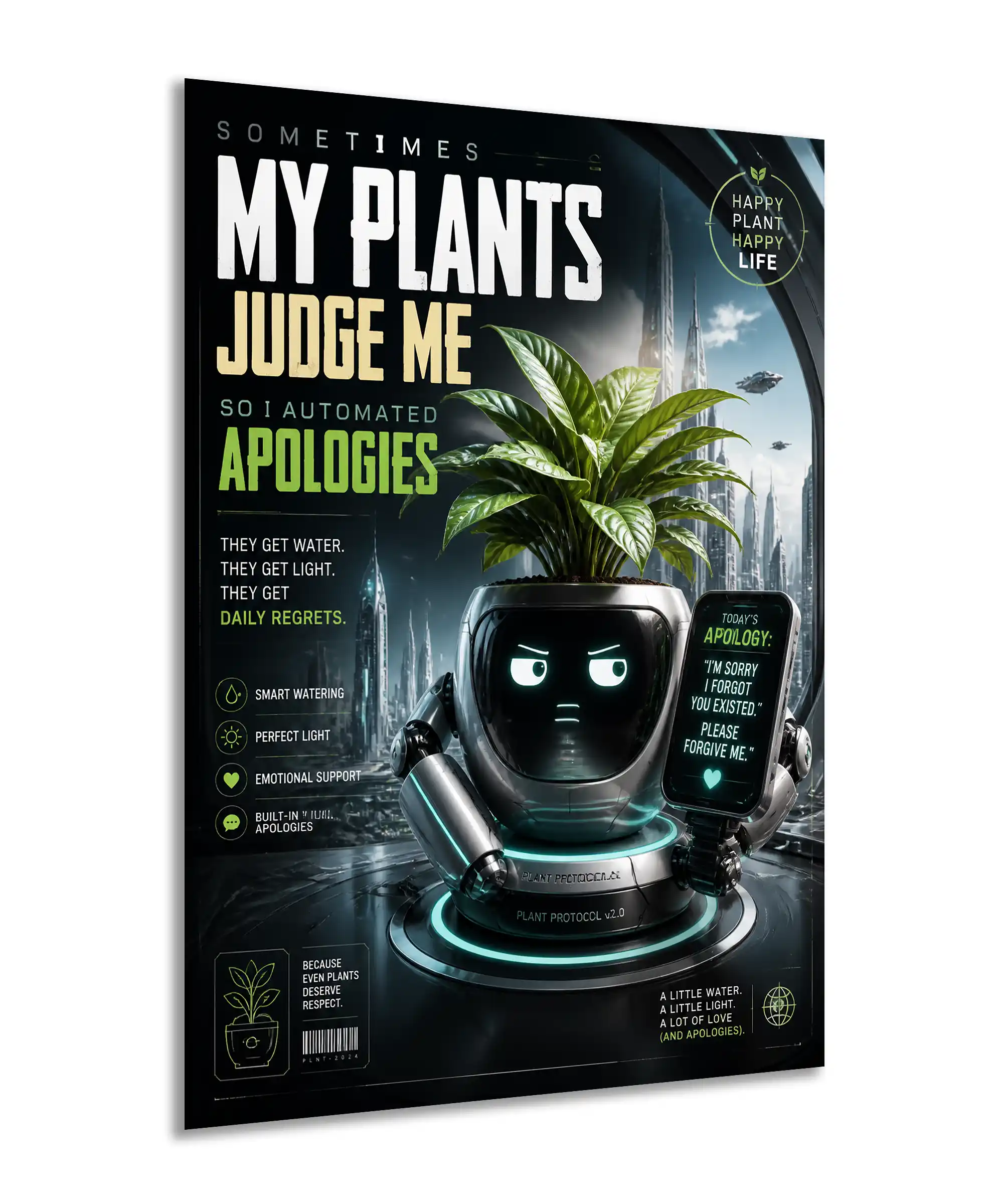 Plant Protocol Robot Poster 2 painting Angled Plant Protocol poster featuring a robot, houseplant, neon lights, and city skyline