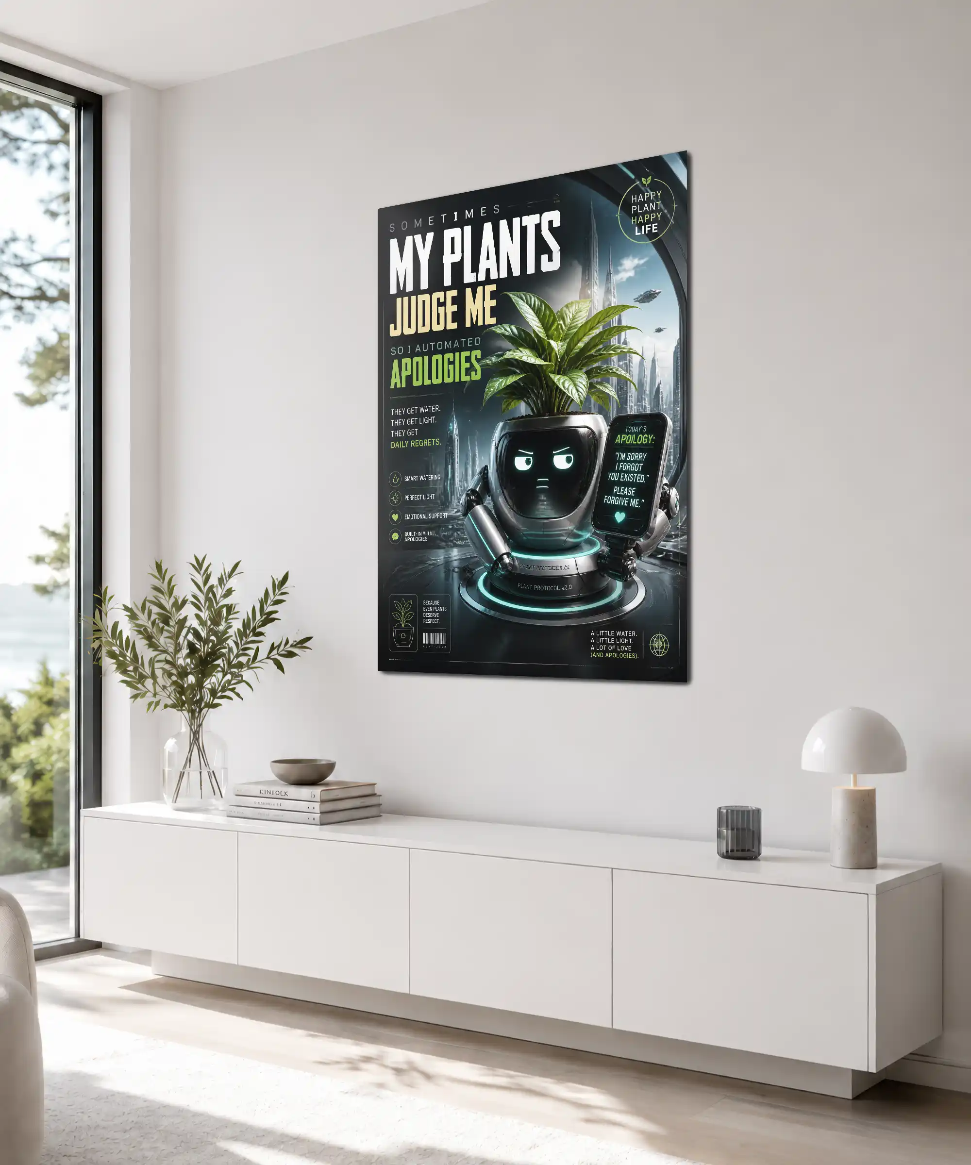 Plant Protocol Robot Poster 4 painting Angled futuristic plant poster displayed indoors with robot artwork and dark city backdrop