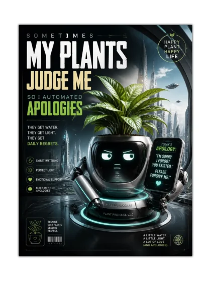 Futuristic robot holding a green houseplant in a humorous sci-fi poster design