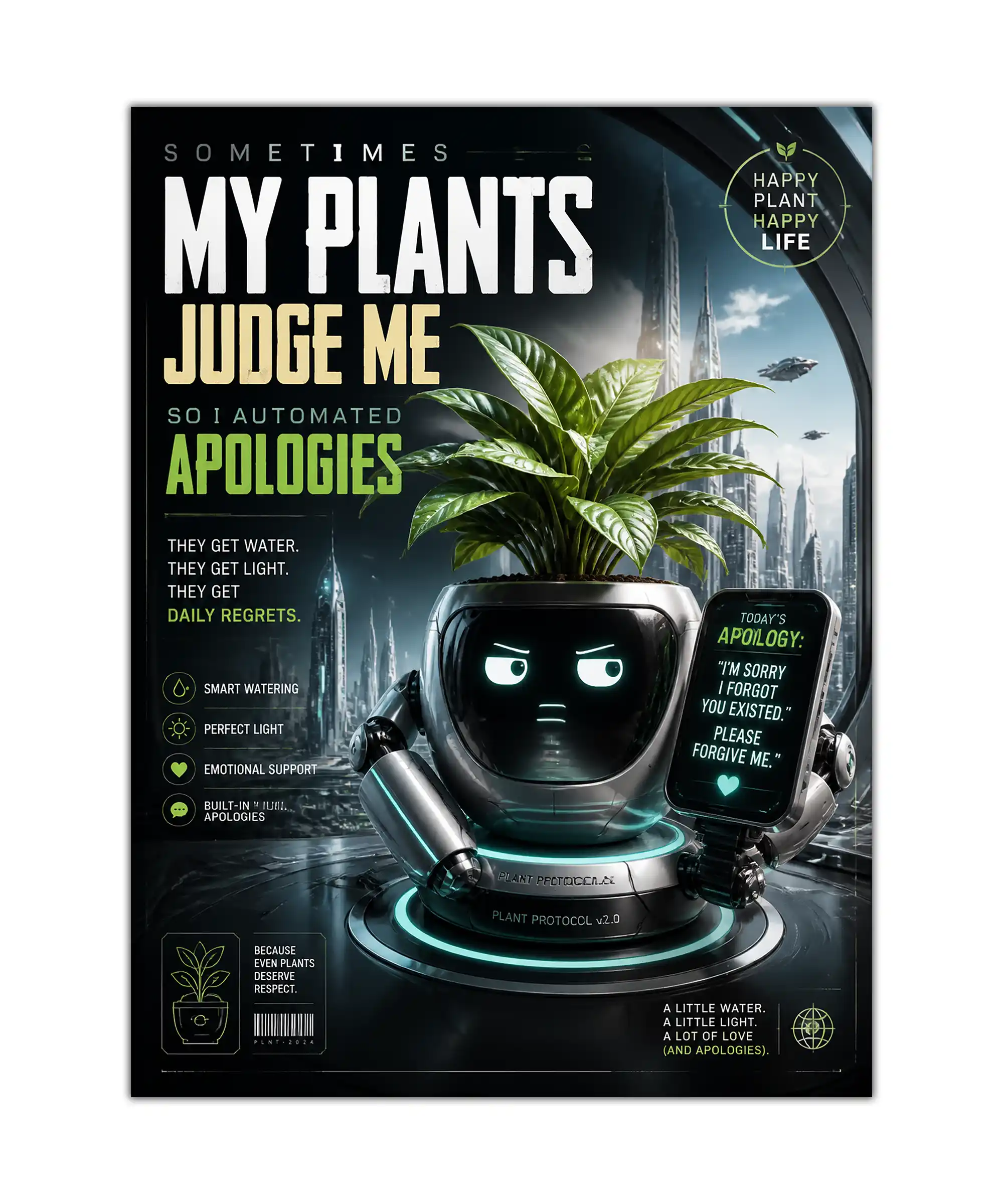 Plant Protocol Robot Poster 1 painting Futuristic robot holding a green houseplant in a humorous sci-fi poster design