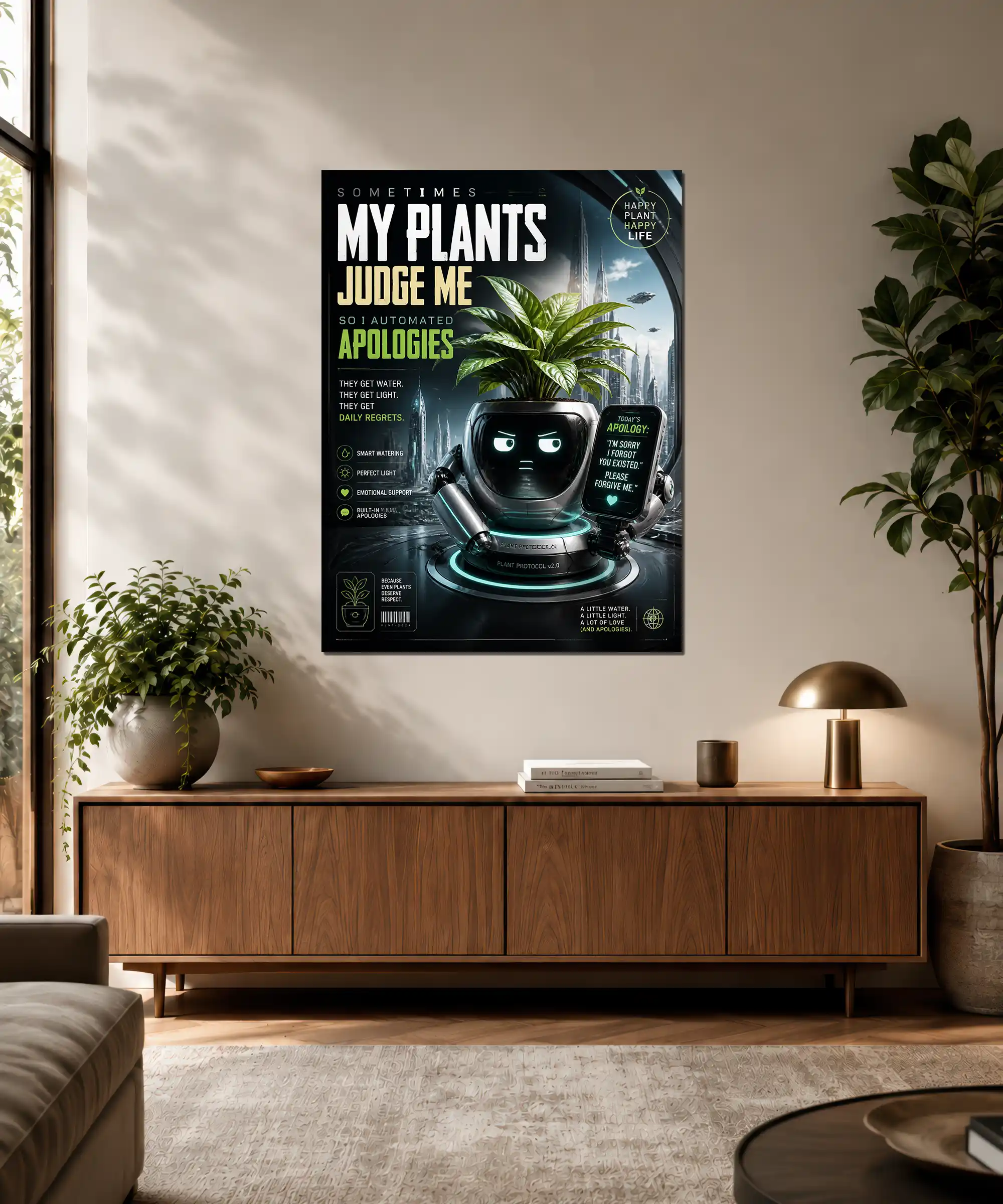Plant Protocol Robot Poster 3 painting Robot plant care poster displayed in a modern interior with neon sci-fi colors