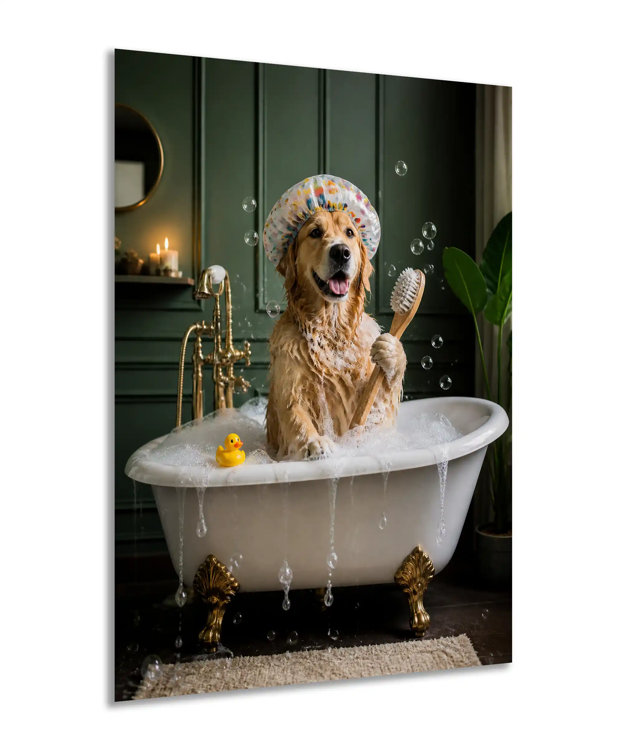 Bubble Bath Dog Dog Poster 2 painting Angled golden retriever bubble bath poster with shower cap, brush, and rubber duck