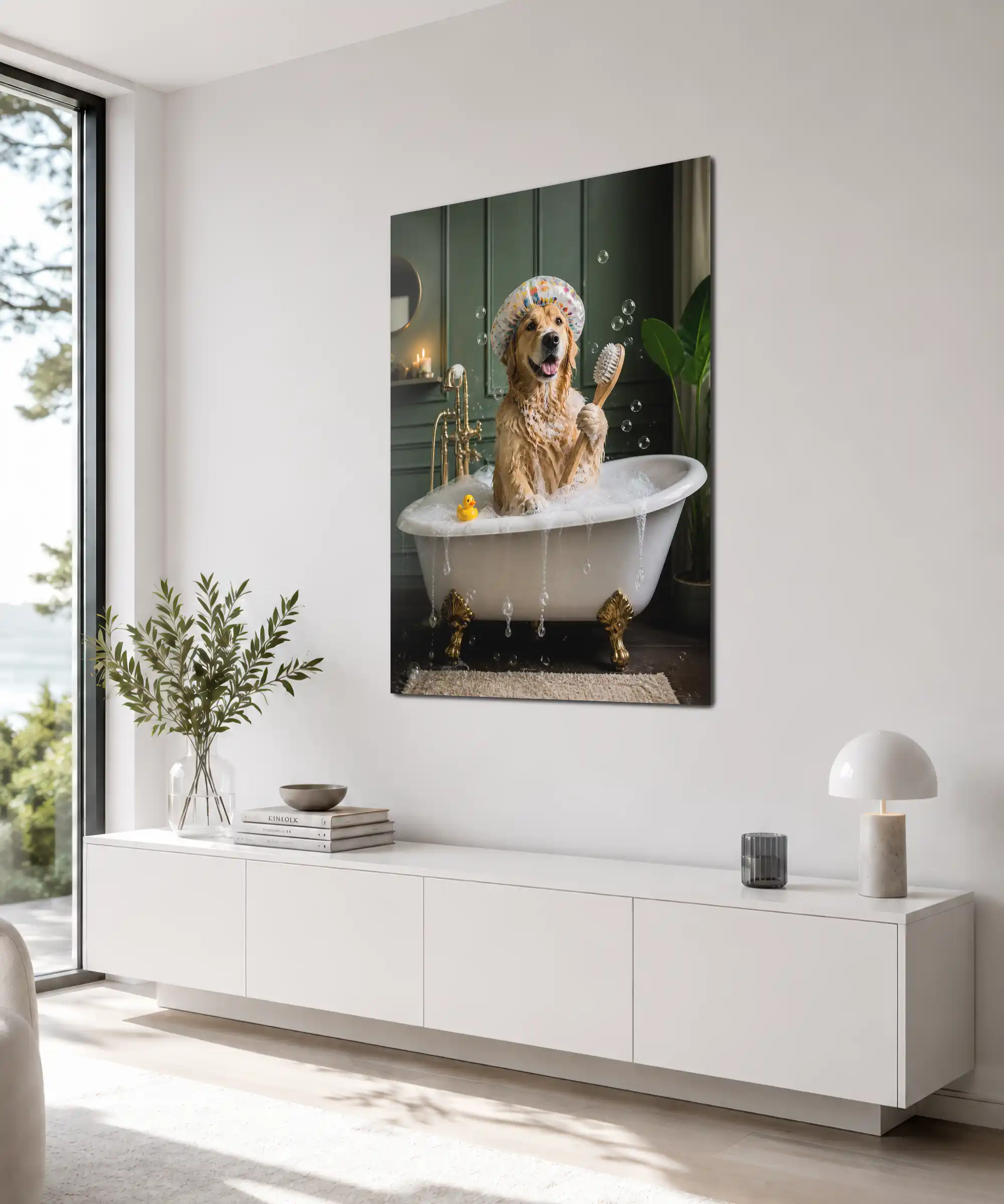 Bubble Bath Dog Dog Poster 4 painting Angled bubble bath dog poster displayed on a bathroom wall with warm decor