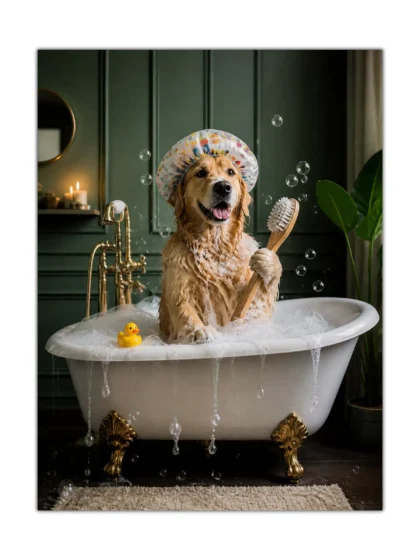 Golden retriever in a bubble-filled bathtub wearing a shower cap and holding a brush poster