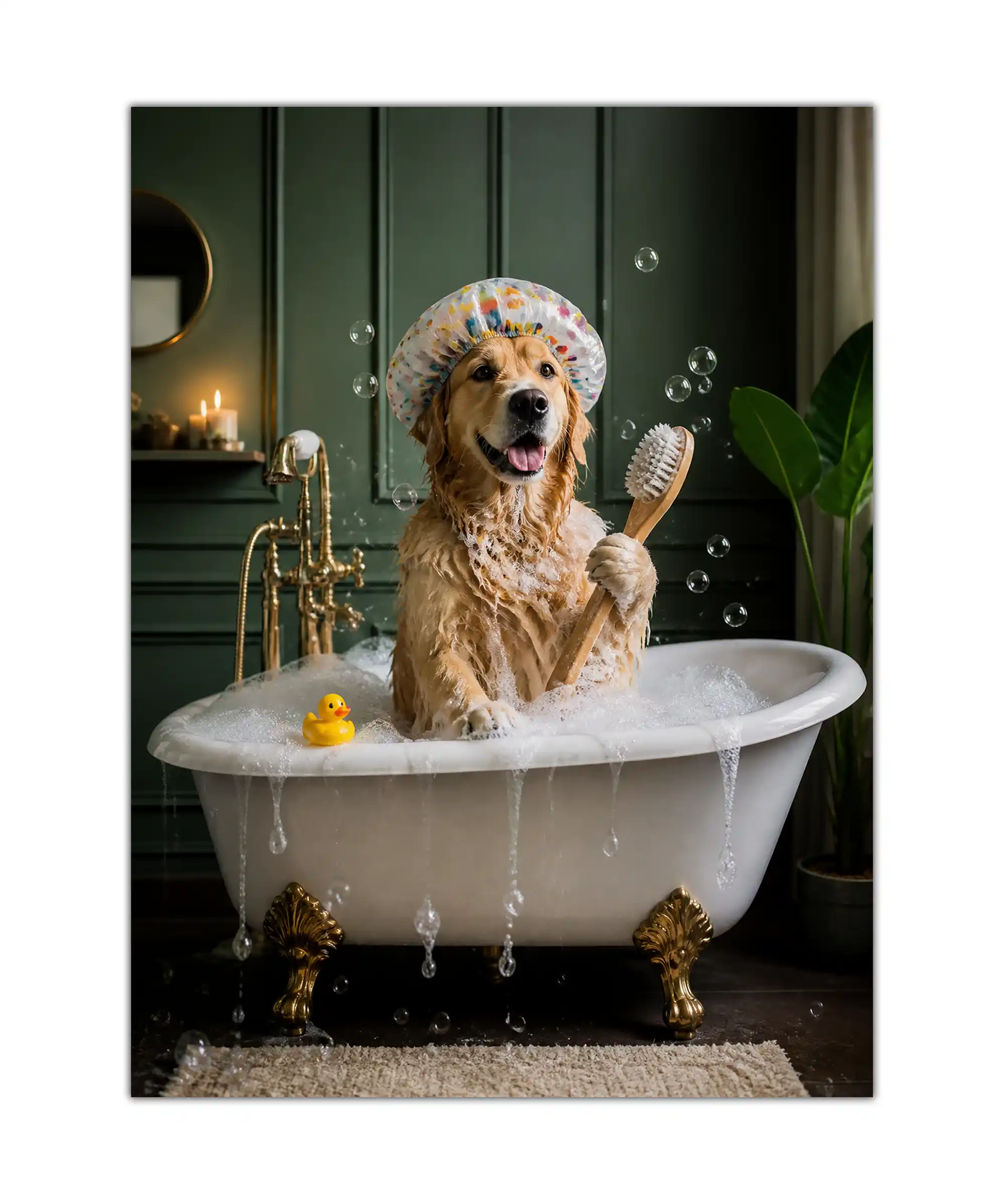Bubble Bath Dog Dog Poster 1 painting Golden retriever in a bubble-filled bathtub wearing a shower cap and holding a brush poster
