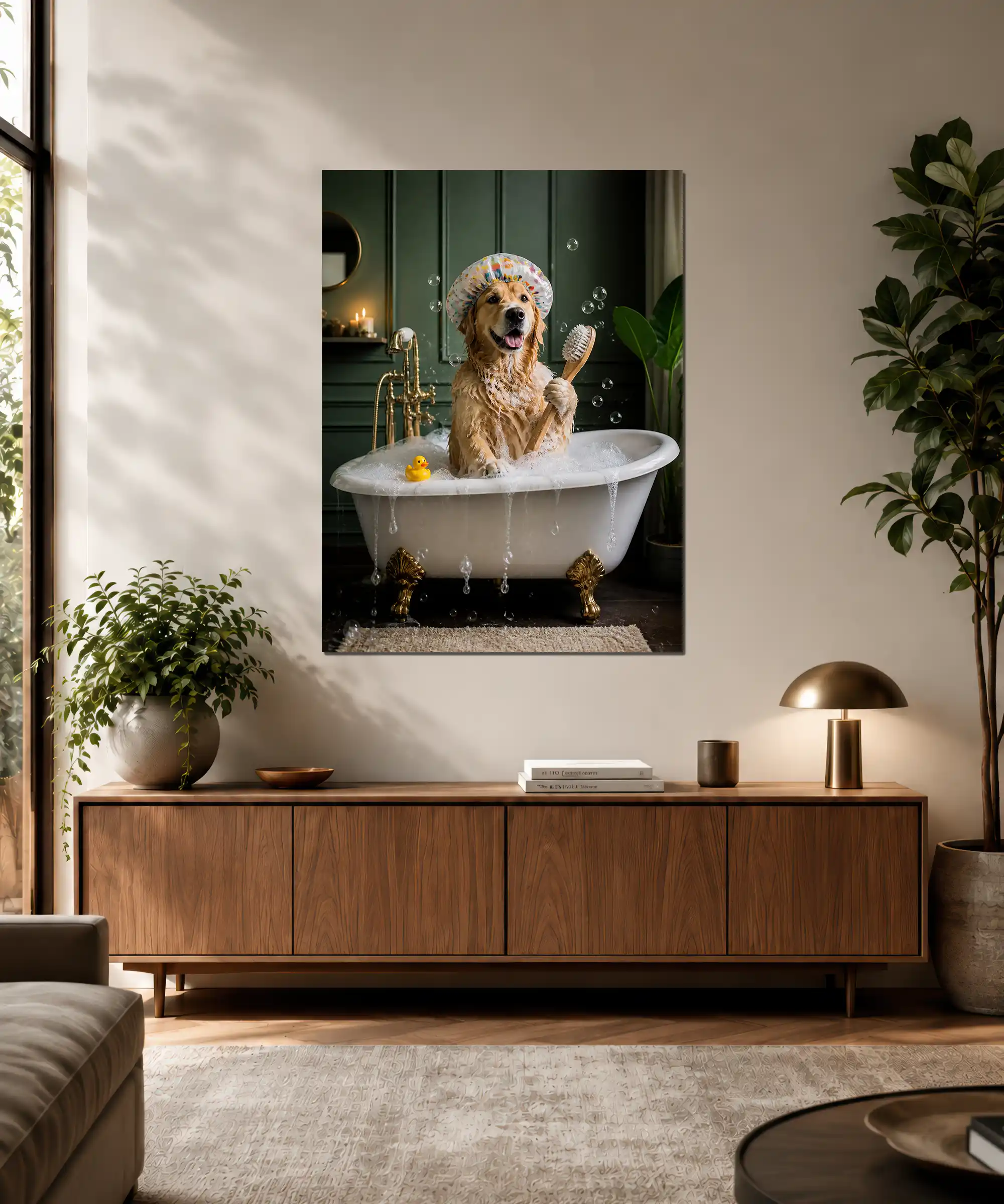 Bubble Bath Dog Dog Poster 3 painting Golden retriever bath poster displayed in a stylish dark green bathroom interior