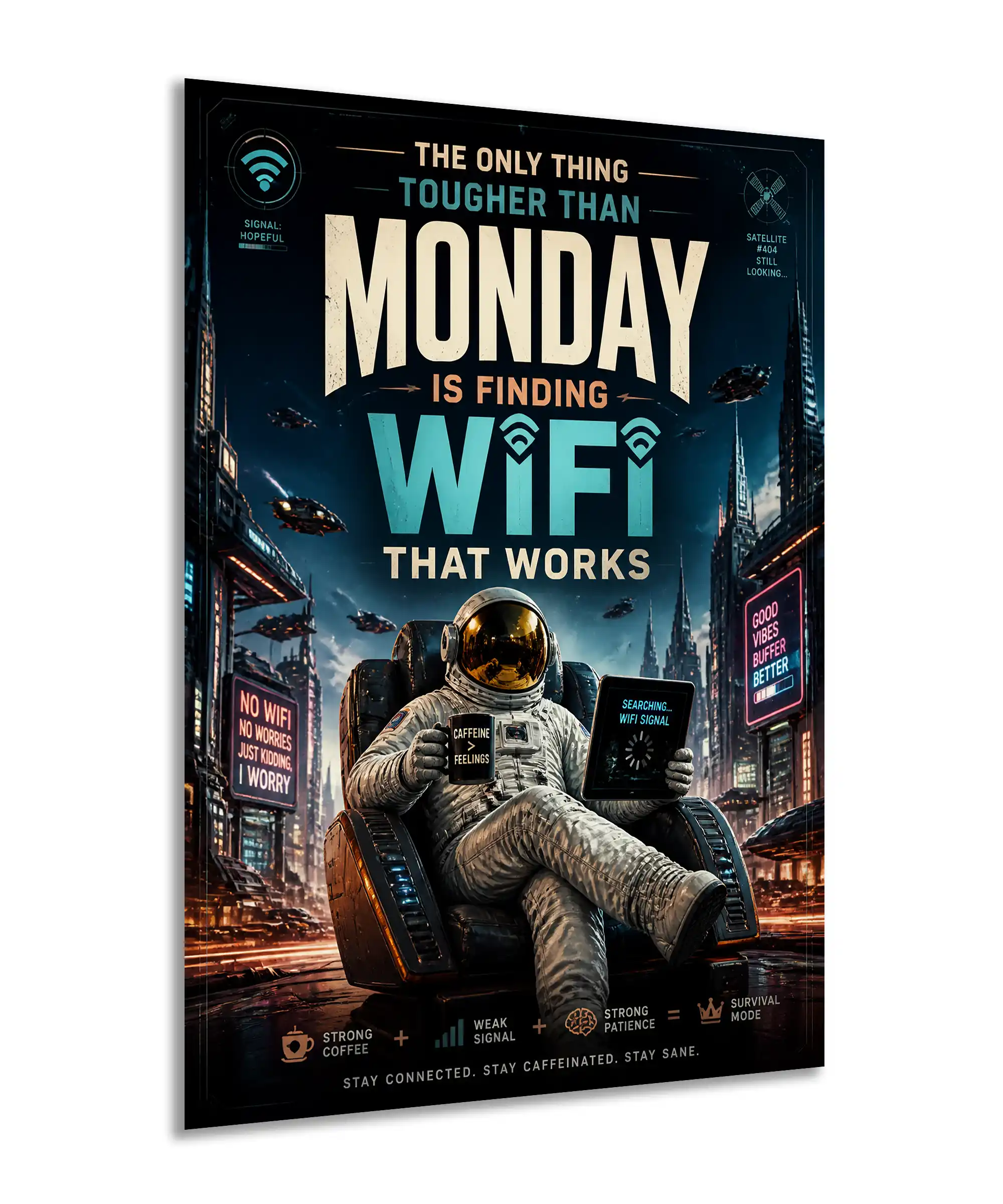 WiFi Astronaut Space Poster 2 painting Angled WiFi astronaut poster with coffee, neon skyline, and futuristic typography