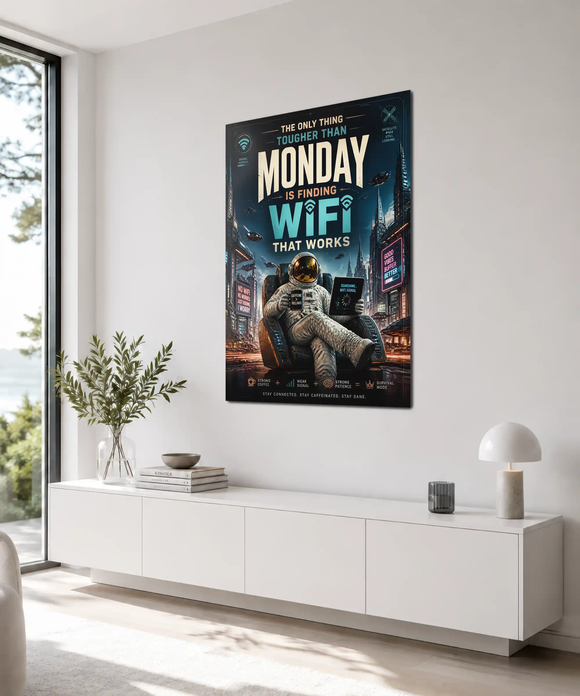 WiFi Astronaut Space Poster 4 painting Angled astronaut WiFi wall art displayed in a stylish futuristic interior