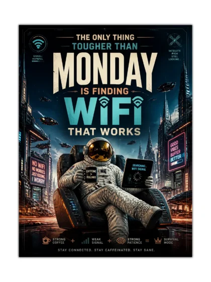 Astronaut holding coffee and searching for WiFi in a futuristic city space poster