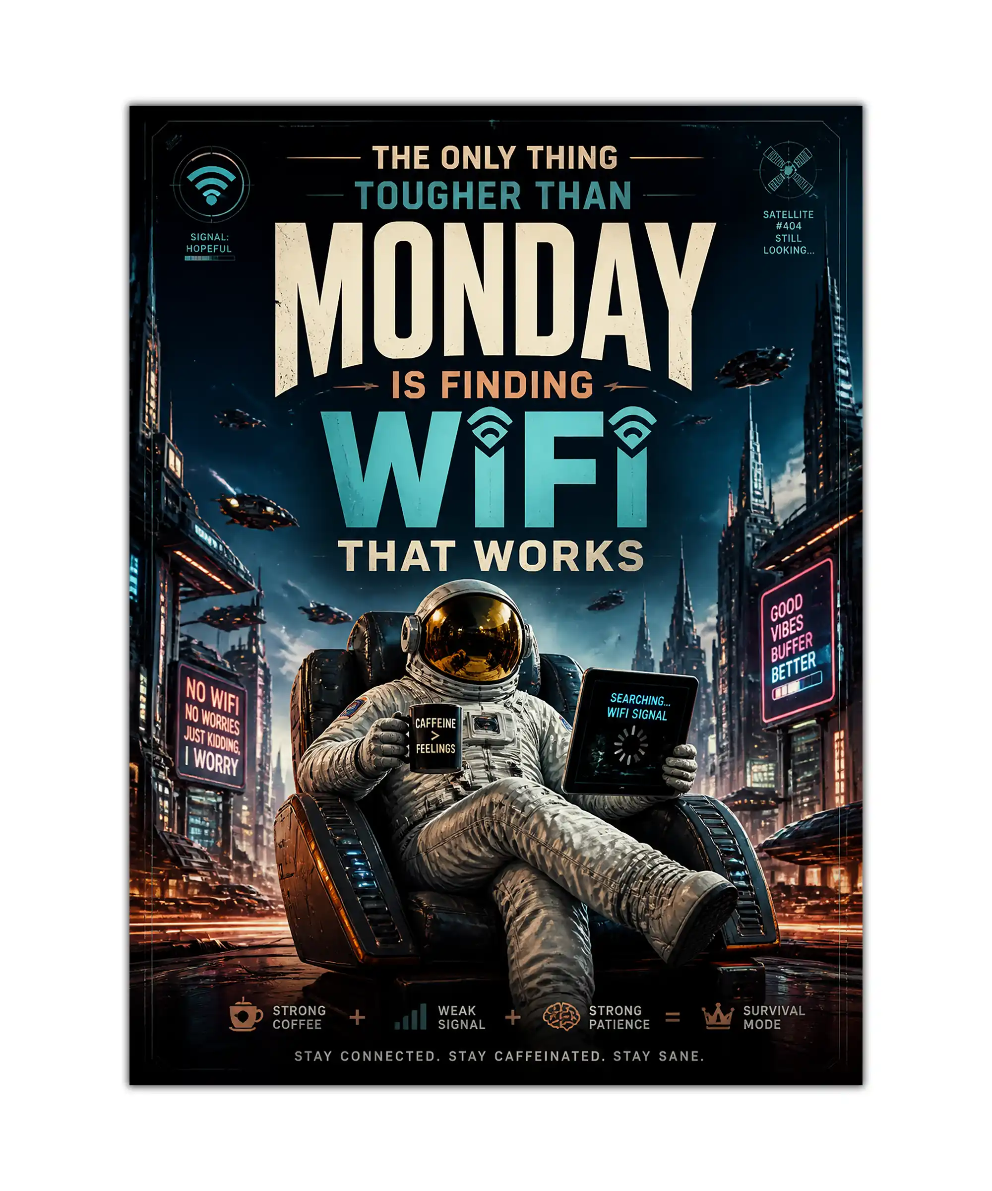 WiFi Astronaut Space Poster 1 painting Astronaut holding coffee and searching for WiFi in a futuristic city space poster