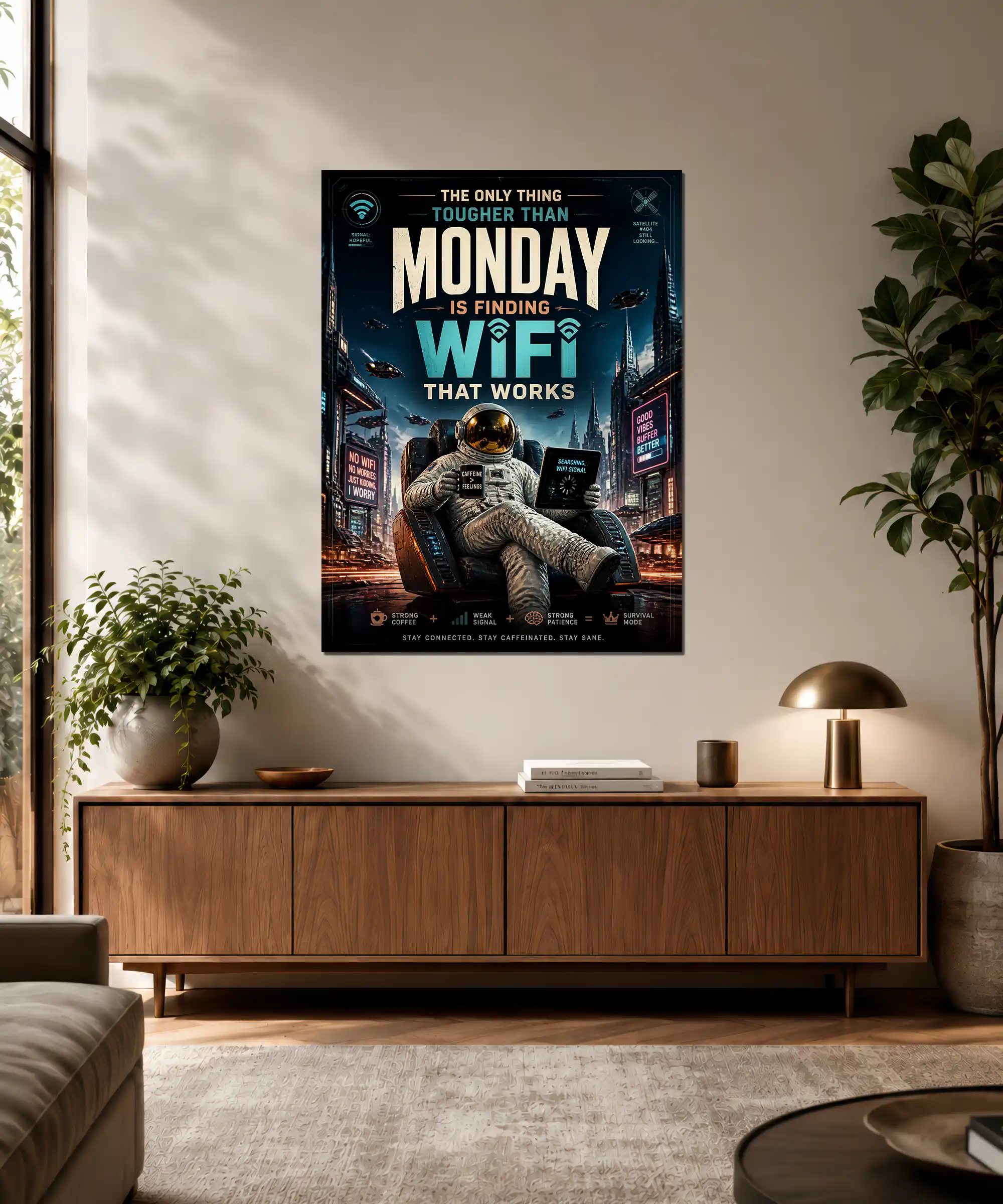 WiFi Astronaut Space Poster 3 painting WiFi astronaut space poster displayed in a modern home office interior