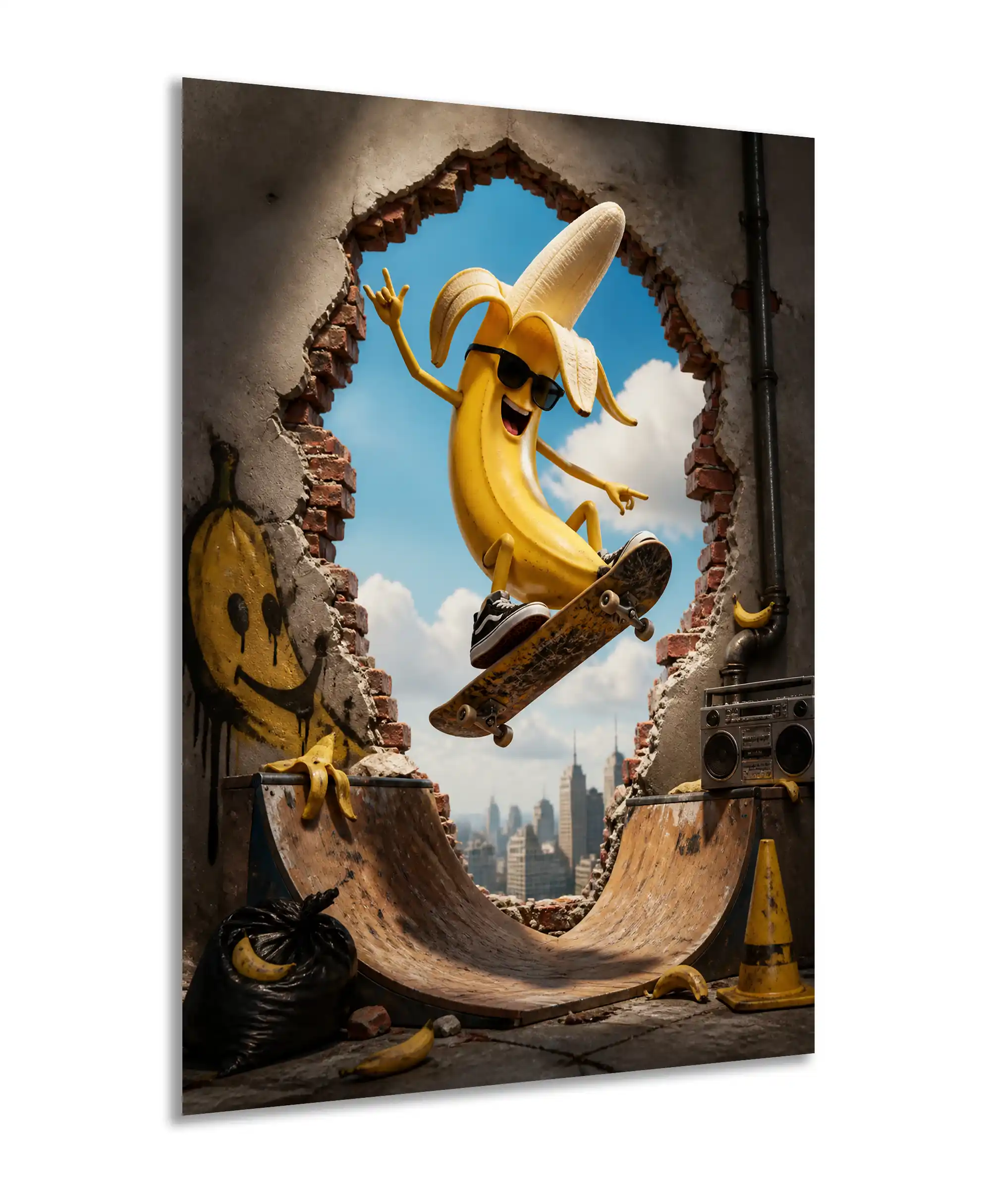 Banana Skateboard Poster 2 painting Angled banana skateboard poster with ramps, boombox, graffiti, and city skyline