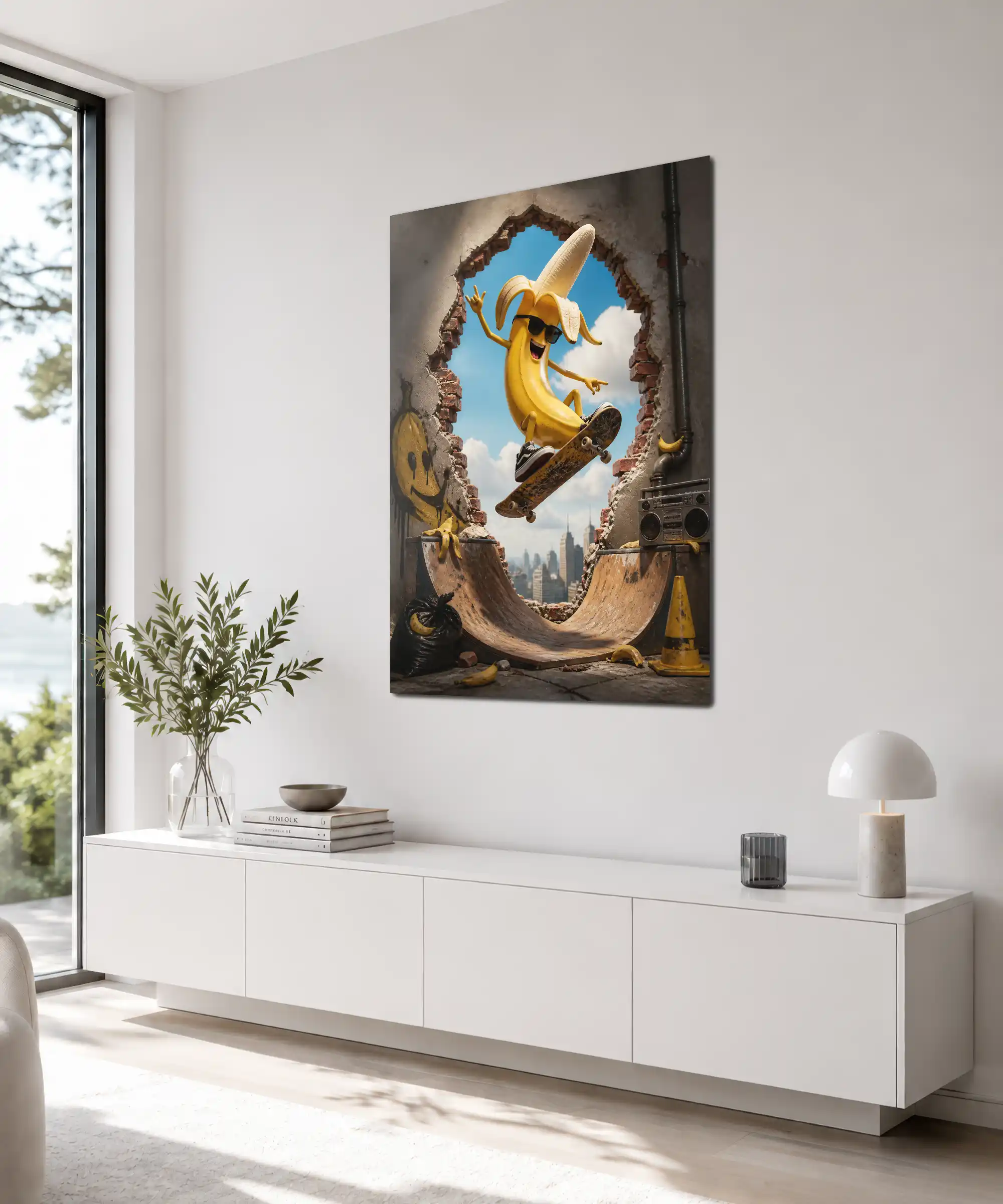 Banana Skateboard Poster 4 painting Angled interior view of funny banana skateboard wall art with urban details