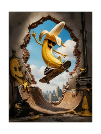 Banana wearing sunglasses skateboarding through a broken wall in a colorful 3D poster