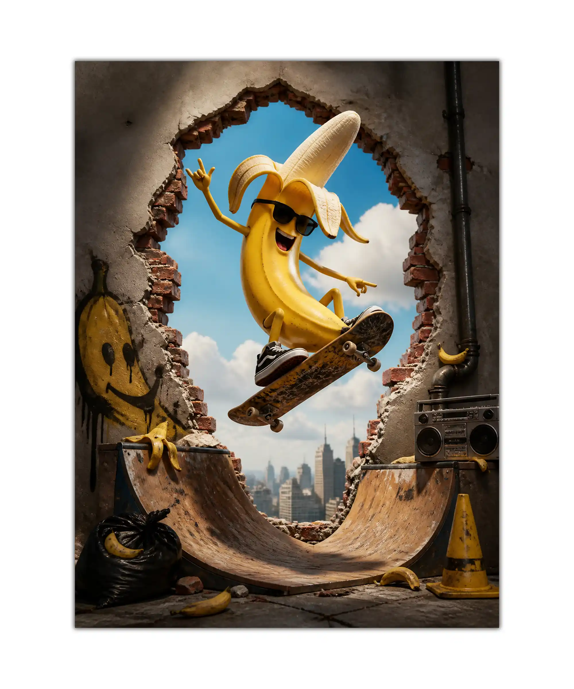 Banana Skateboard Poster 1 painting Banana wearing sunglasses skateboarding through a broken wall in a colorful 3D poster