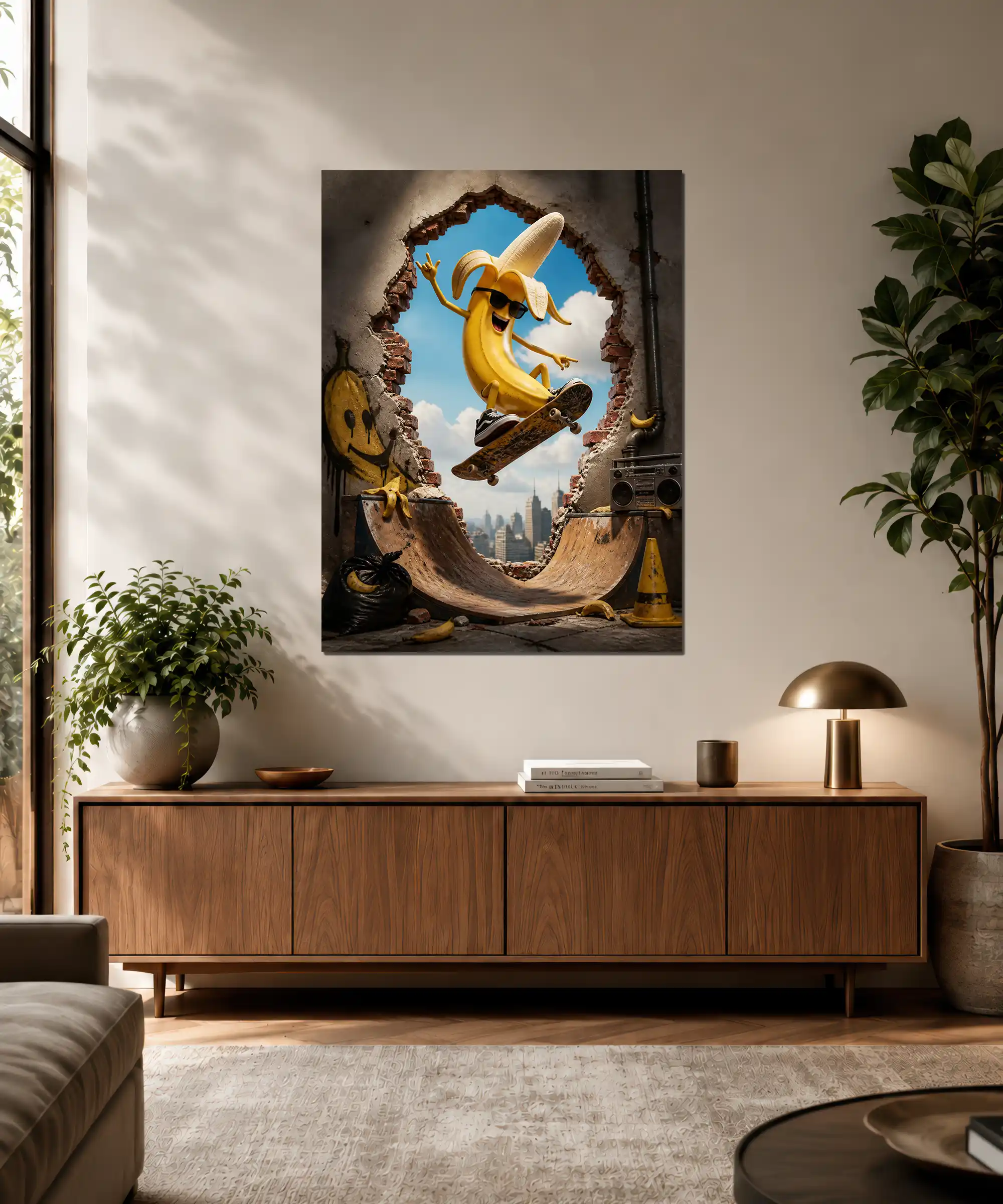 Banana Skateboard Poster 3 painting Banana skateboarder poster displayed in an interior with bright urban 3D energy