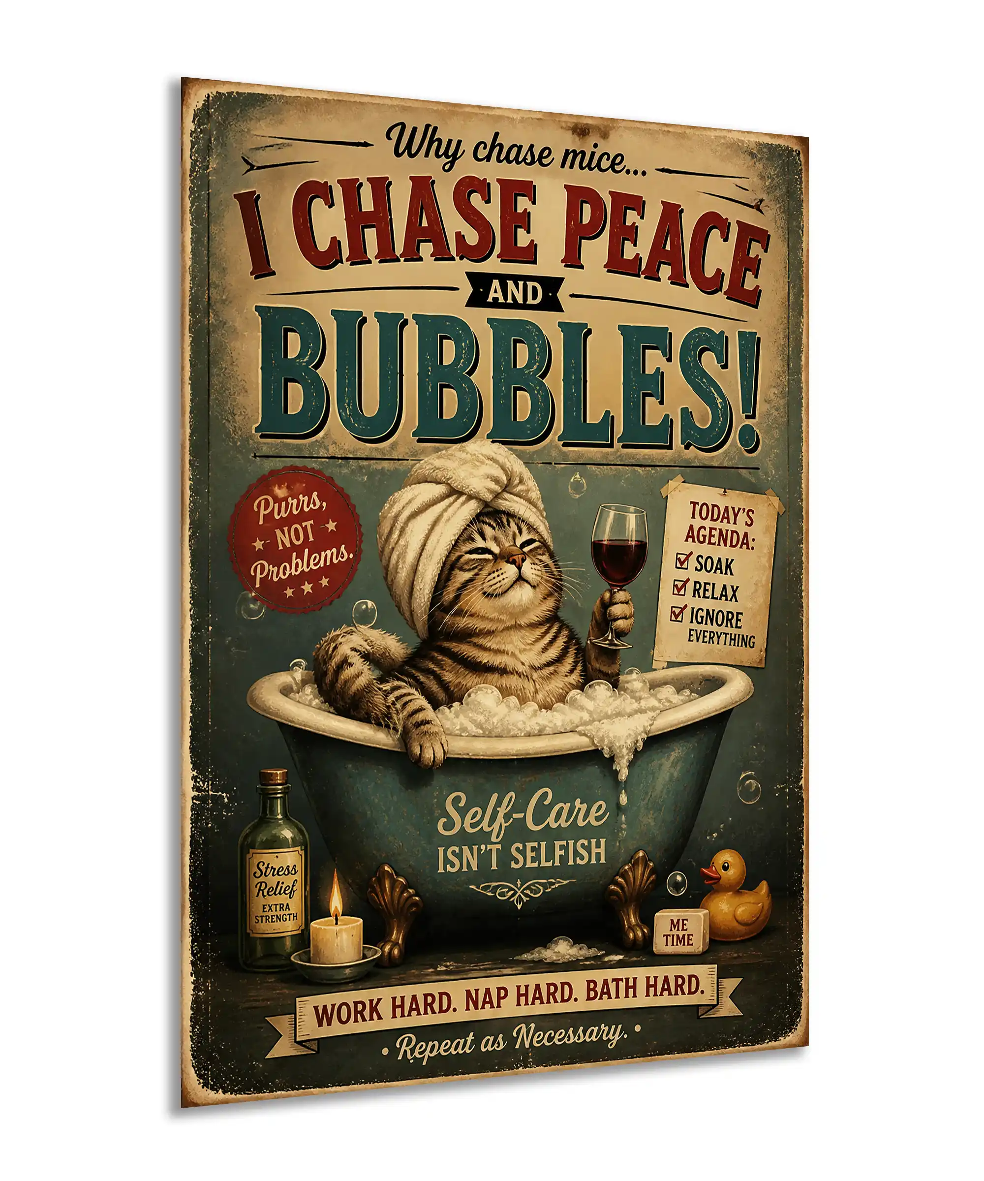 Bath Time Cat Funny Poster 2 painting Angled funny cat wall poster with a tabby bath scene, wine glass, bubbles, and rubber duck