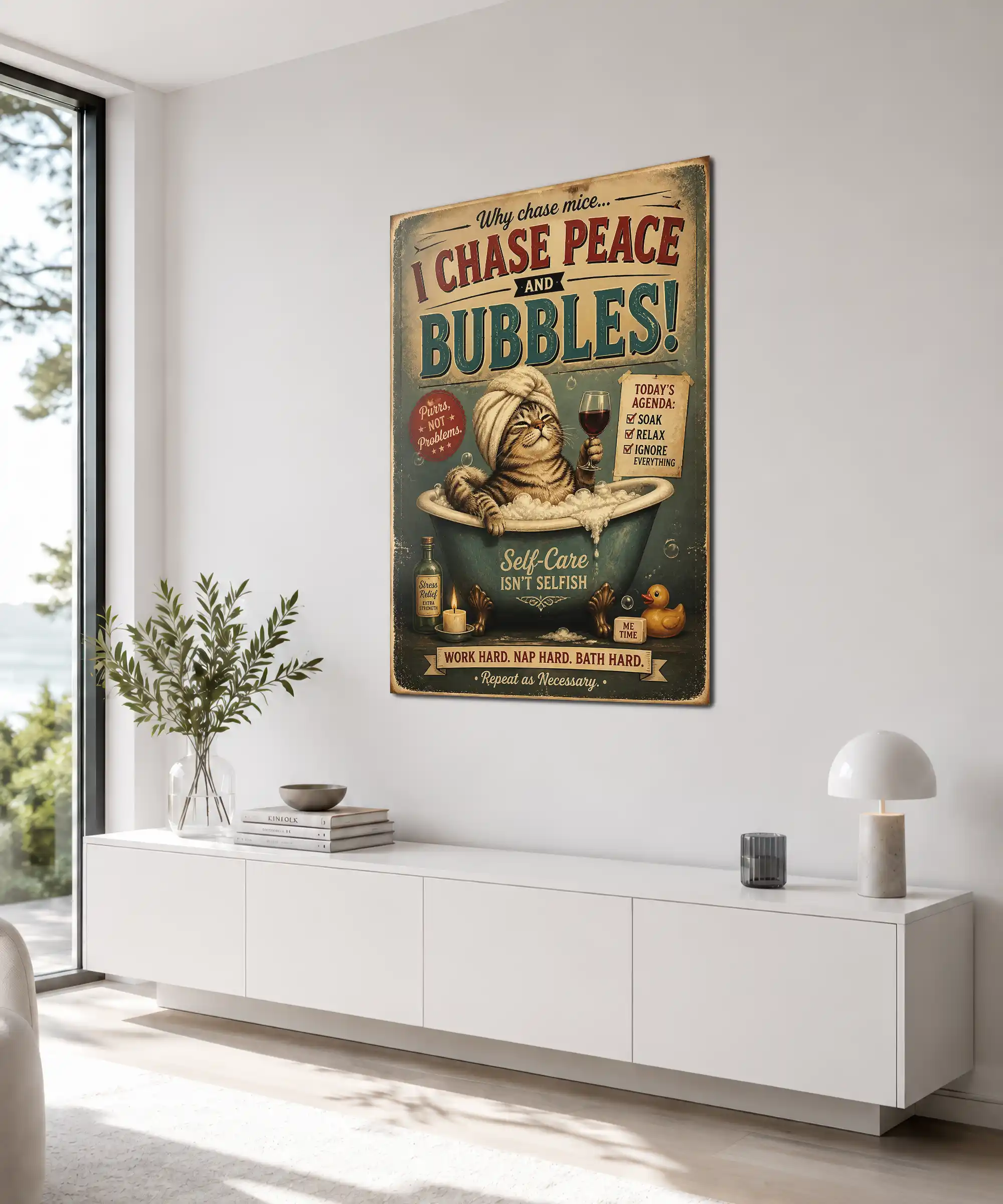 Bath Time Cat Funny Poster 4 painting Angled interior view of a vintage cat poster with bubble bath, wine, candle, and duck