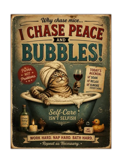 Funny vintage cat poster showing a tabby in a bubble bath with wine and self-care slogans