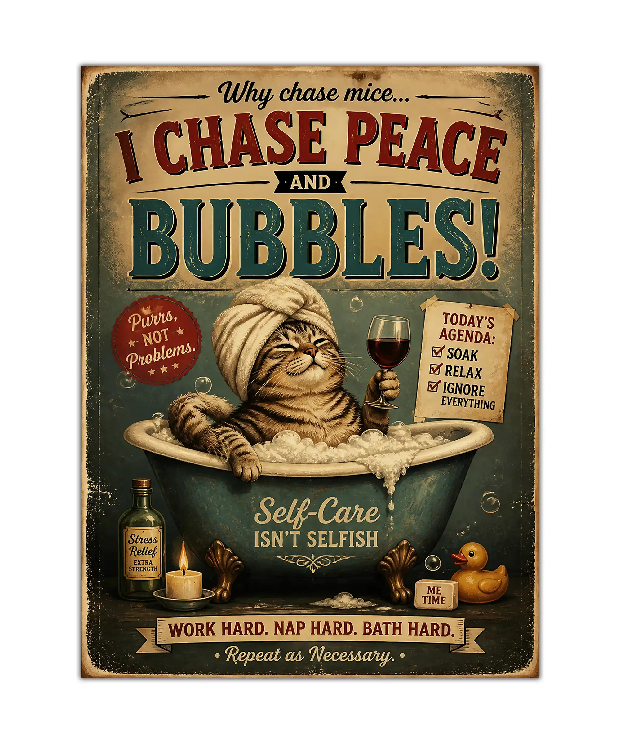 Bath Time Cat Funny Poster 1 painting Funny vintage cat poster showing a tabby in a bubble bath with wine and self-care slogans