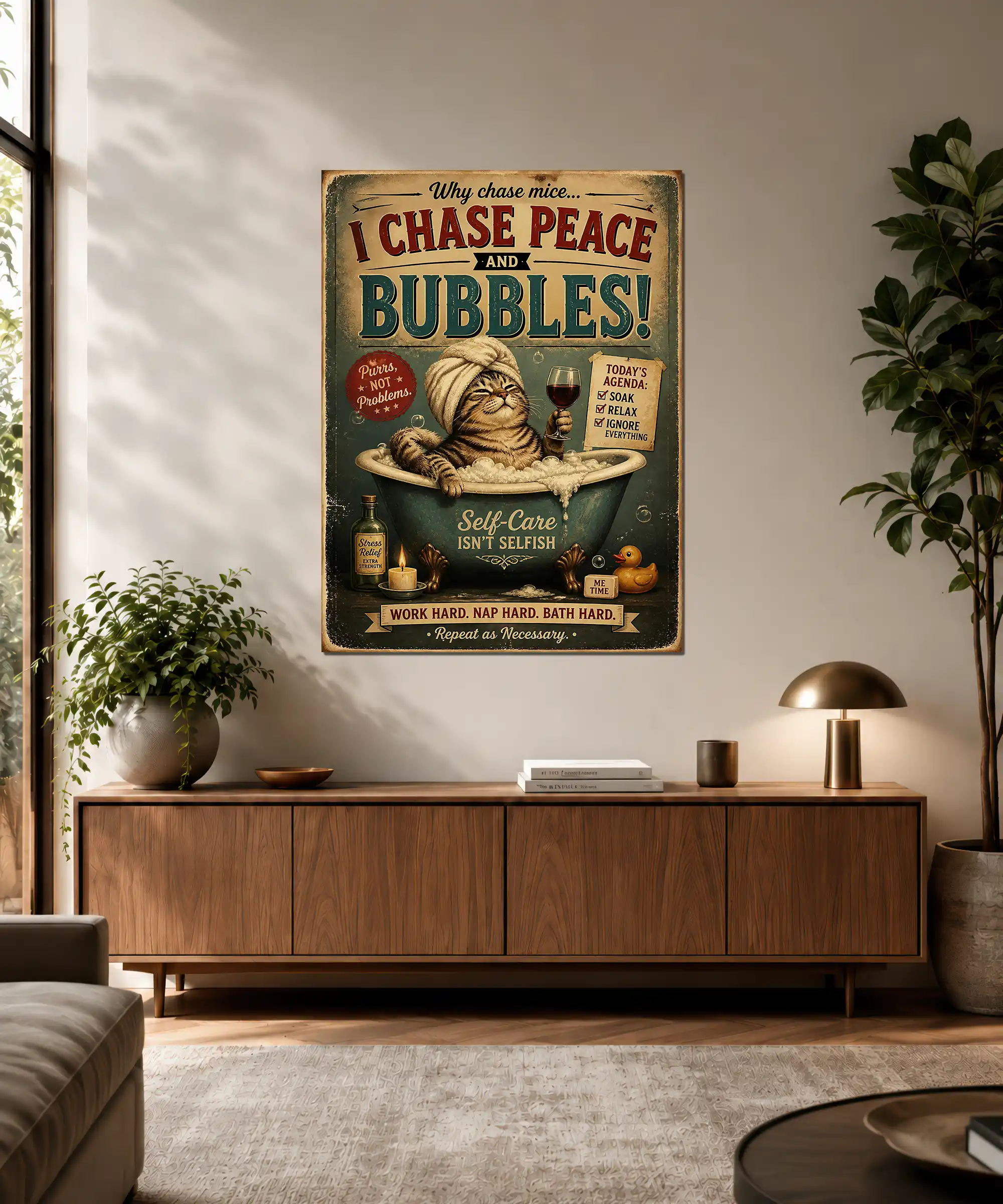 Bath Time Cat Funny Poster 3 painting Funny cat bath poster displayed in an interior with vintage colors and self-care humor