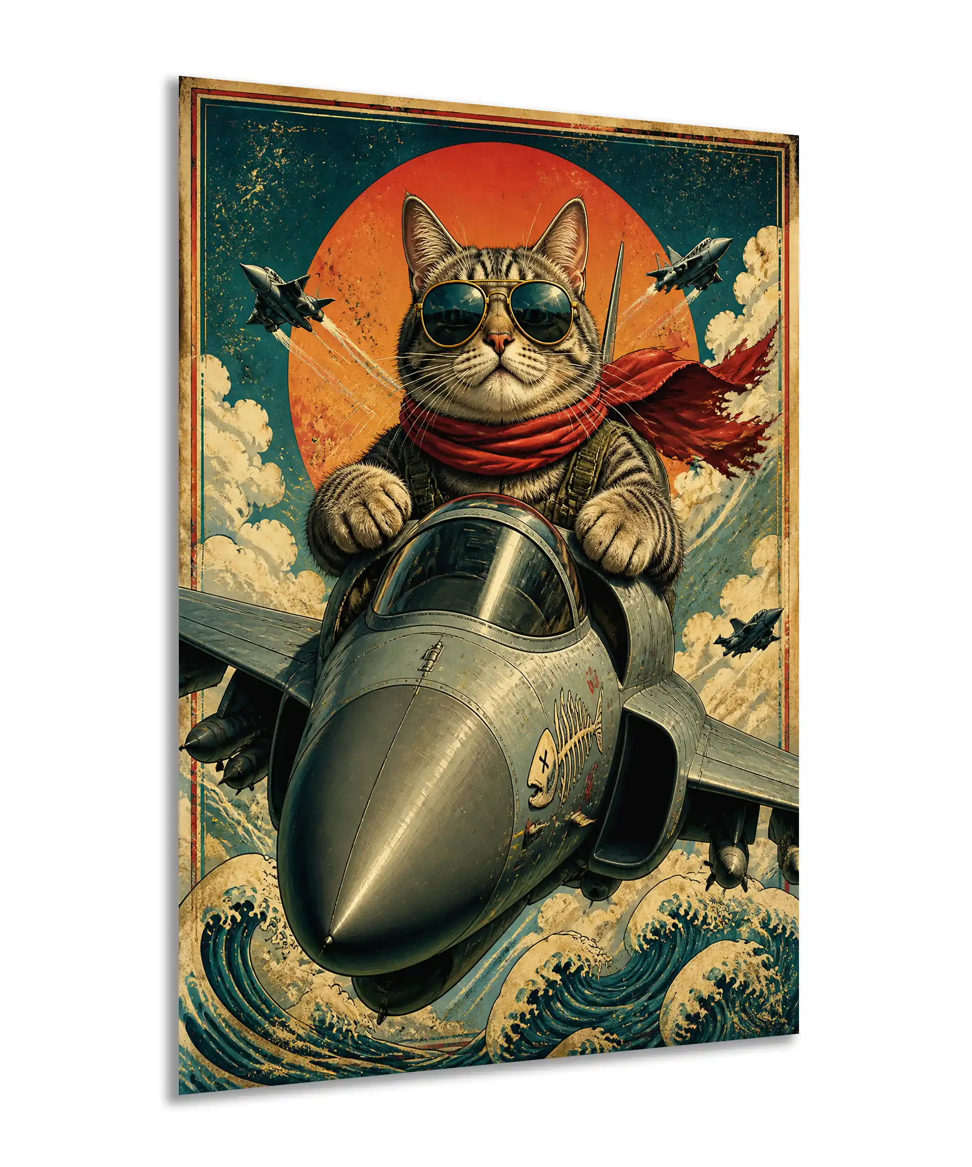 Aviator Cat Poster 2 painting Angled aviator cat poster showing a tabby pilot, fighter plane, clouds, and ocean waves