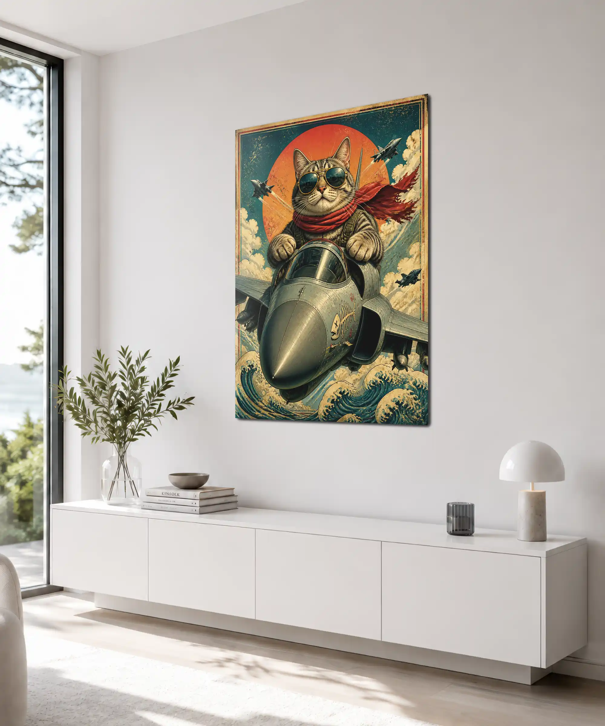 Aviator Cat Poster 4 painting Angled vintage cat pilot poster displayed on an interior wall with bold retro colors