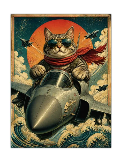 Aviator cat in sunglasses piloting a vintage fighter plane poster above ocean waves
