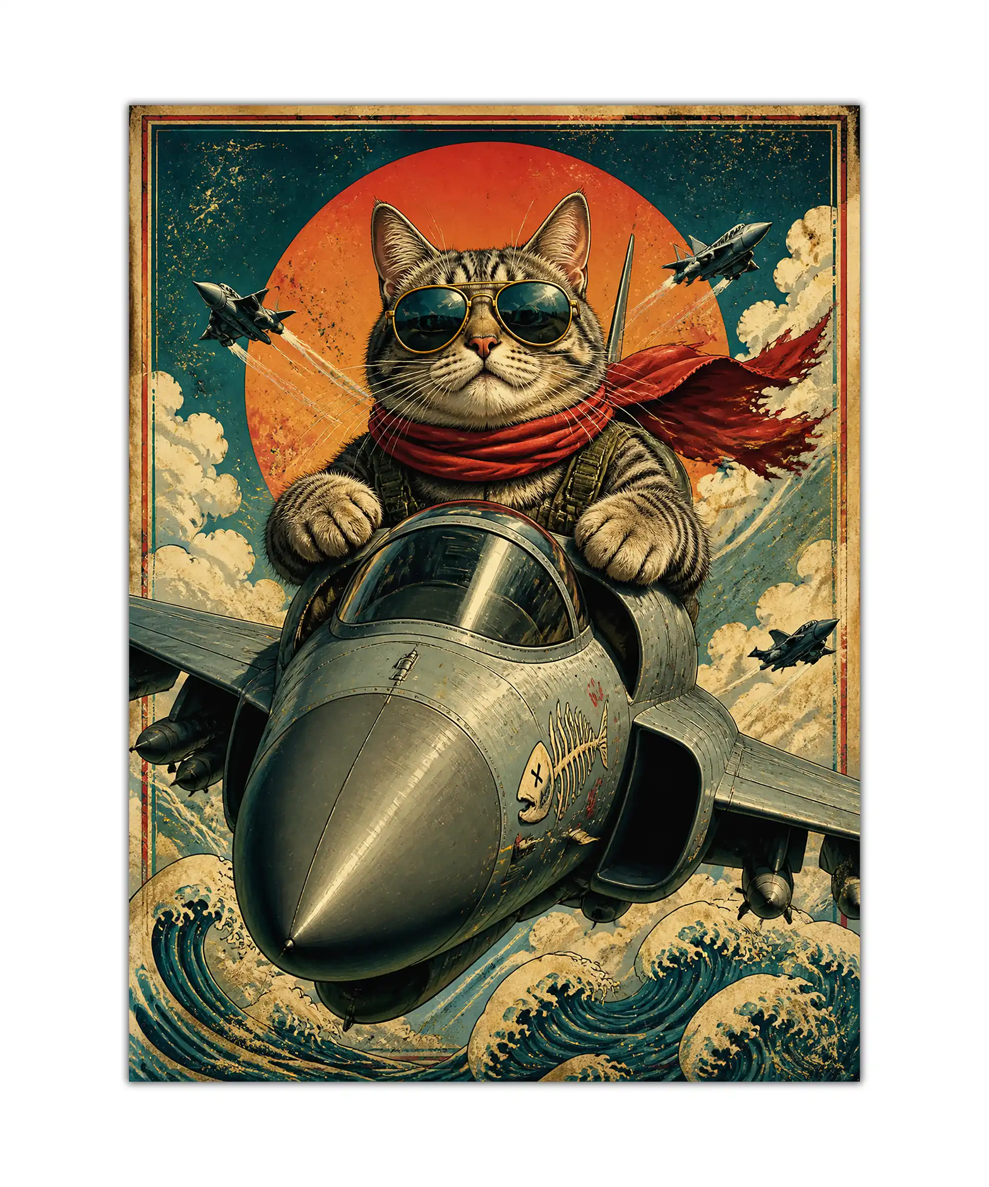Aviator Cat Poster 1 painting Aviator cat in sunglasses piloting a vintage fighter plane poster above ocean waves