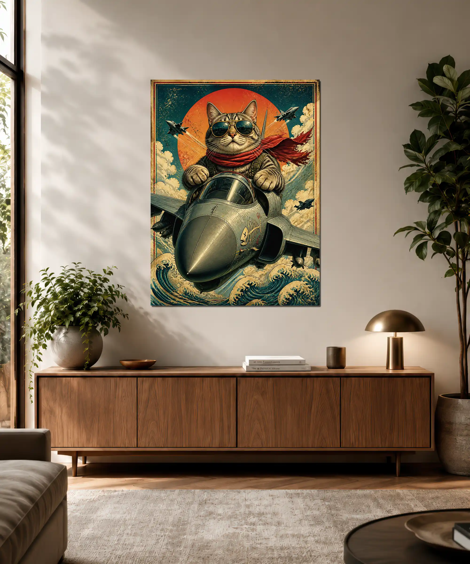 Aviator Cat Poster 3 painting Aviator cat fighter plane wall art displayed in a stylish interior setting