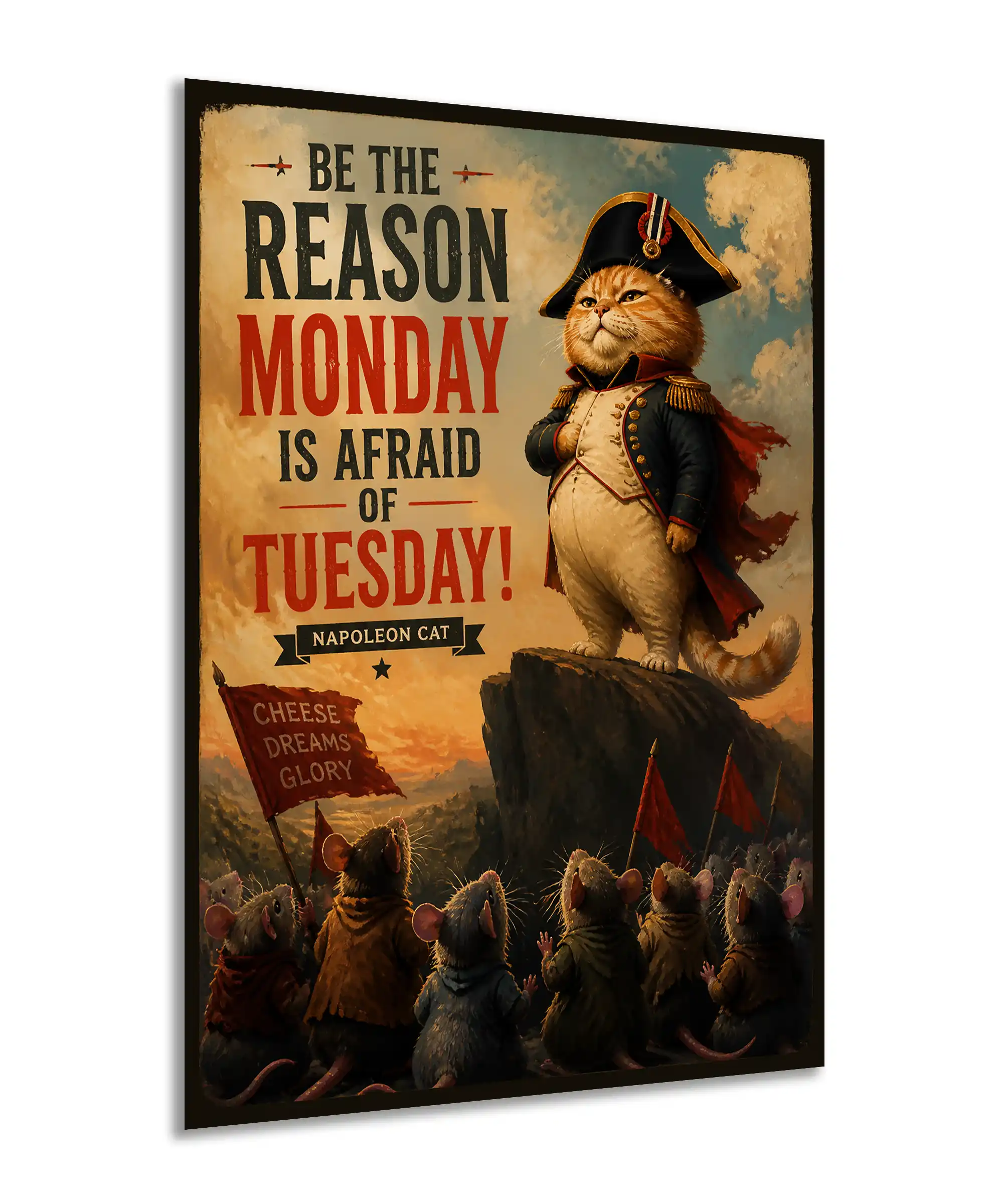 Napoleon Cat Poster 2 painting Angled Napoleon cat wall poster showing military feline and mice army artwork