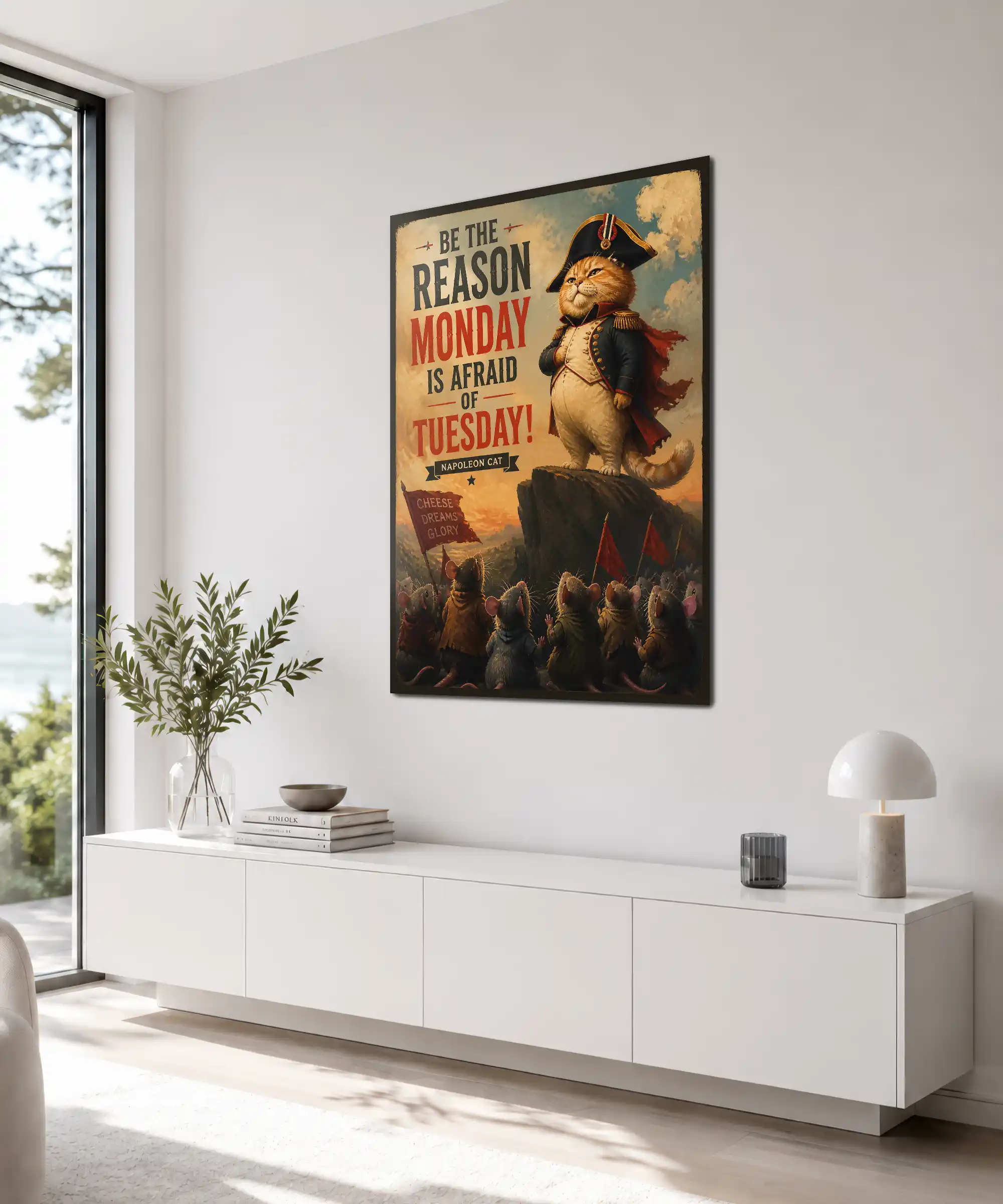 Napoleon Cat Poster 4 painting Angled interior view of Napoleon cat poster with red flags and mouse soldiers