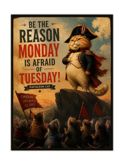 Napoleon cat poster with orange feline commander and mouse army in vintage style