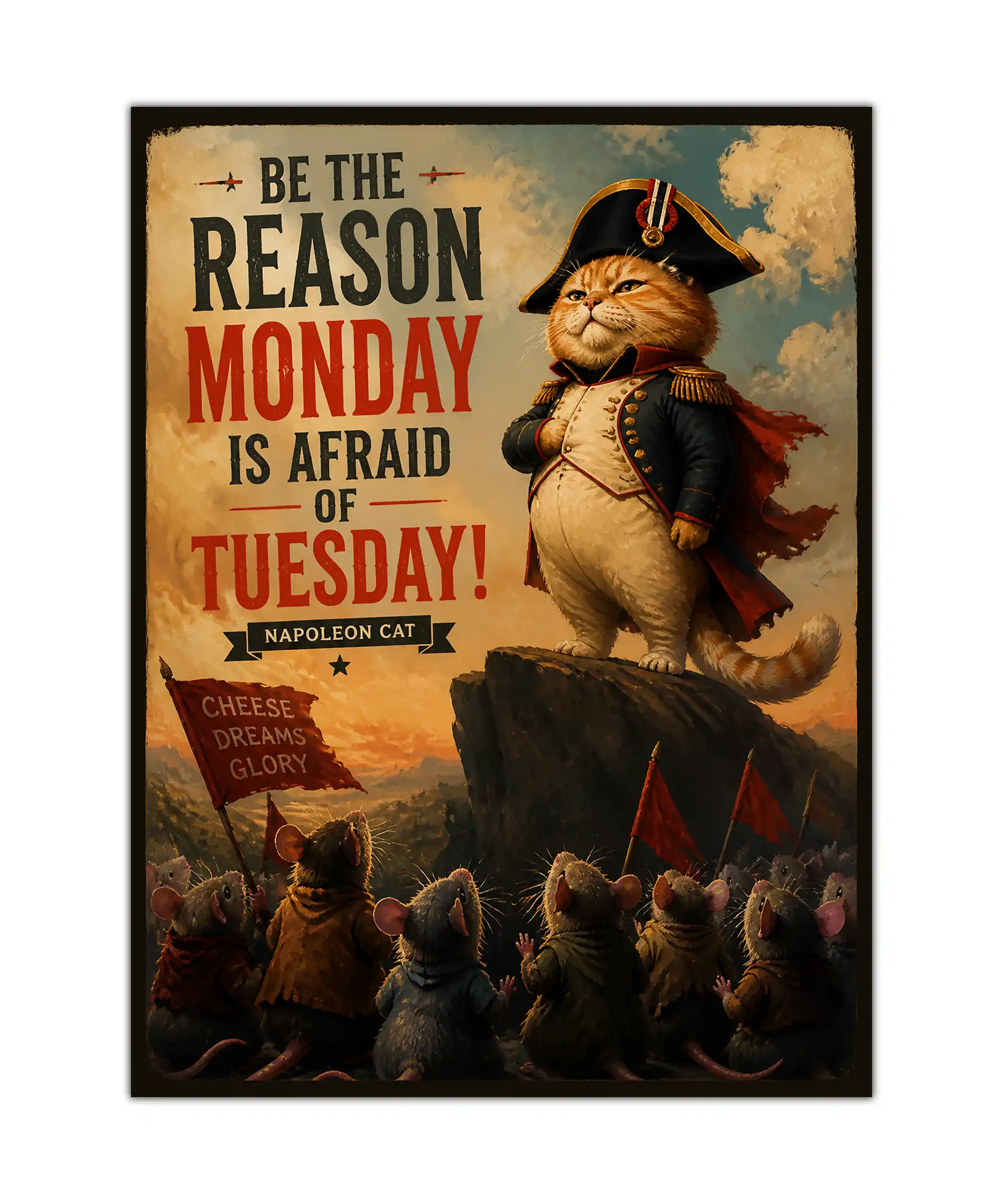 Napoleon Cat Poster 1 painting Napoleon cat poster with orange feline commander and mouse army in vintage style