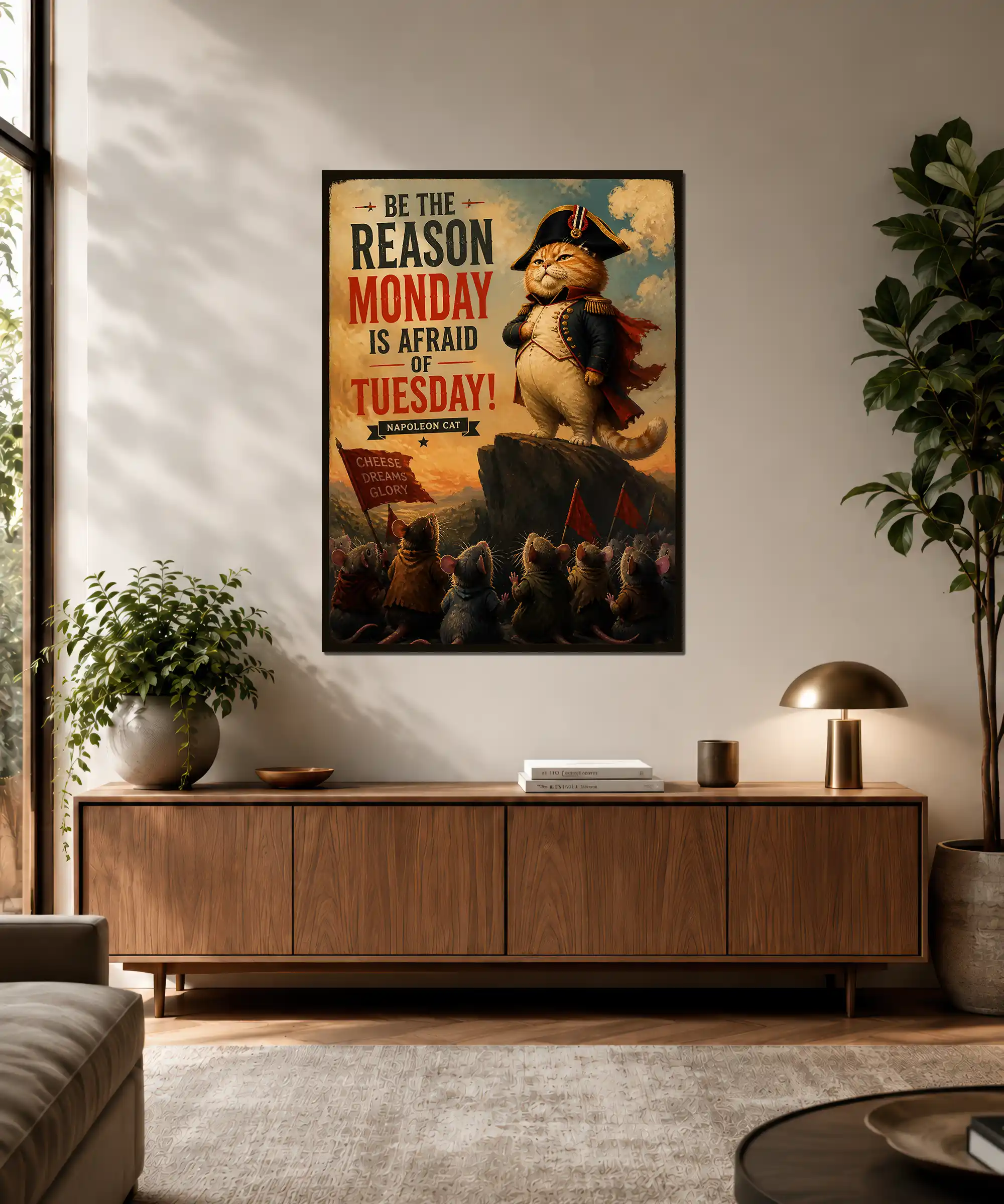 Napoleon Cat Poster 3 painting Napoleon cat poster displayed in an interior with mouse army and vintage lettering