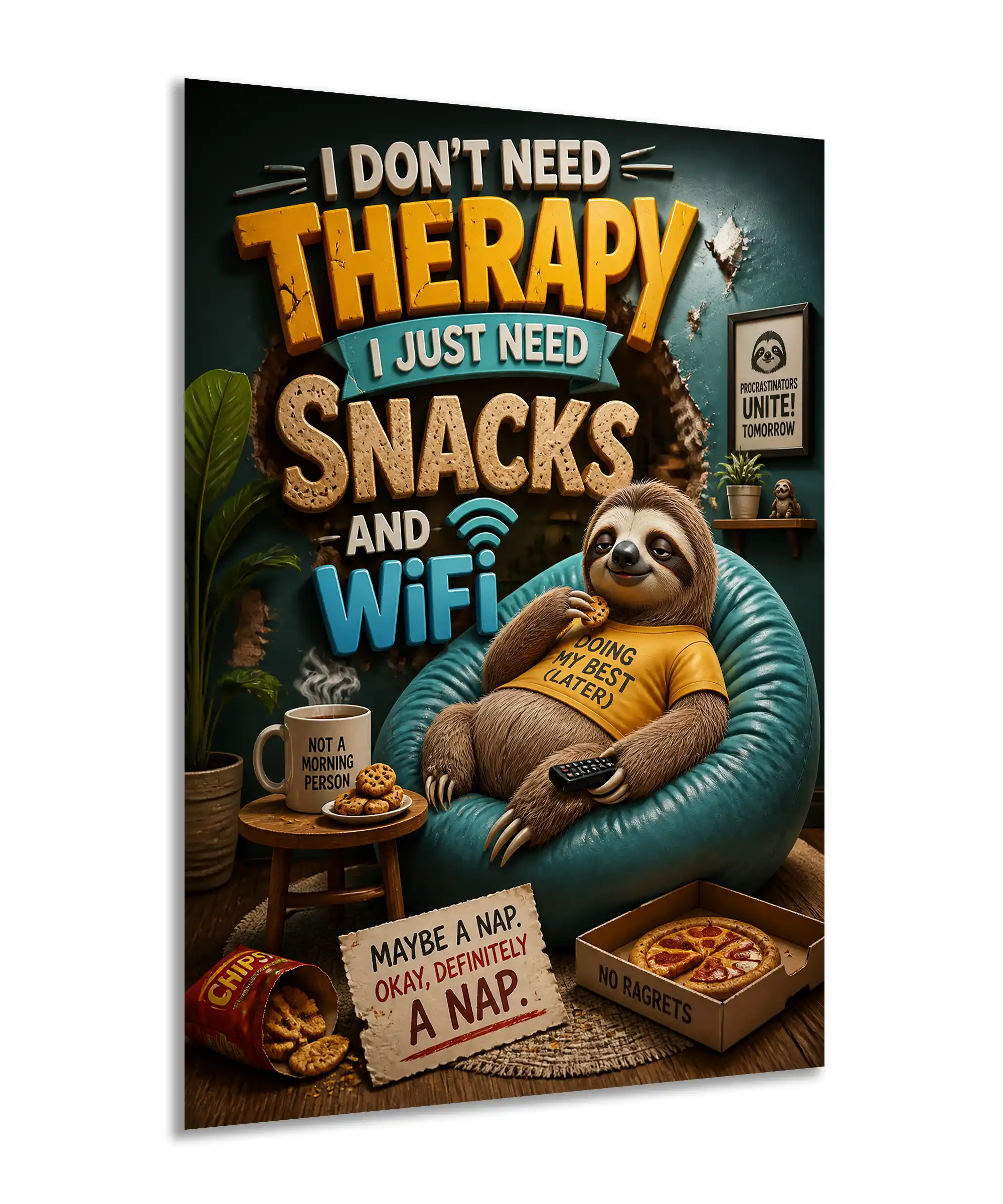 Lazy Sloth Funny Poster 2 painting Angled lazy sloth poster featuring a bean bag, pizza, snacks, and Wi-Fi