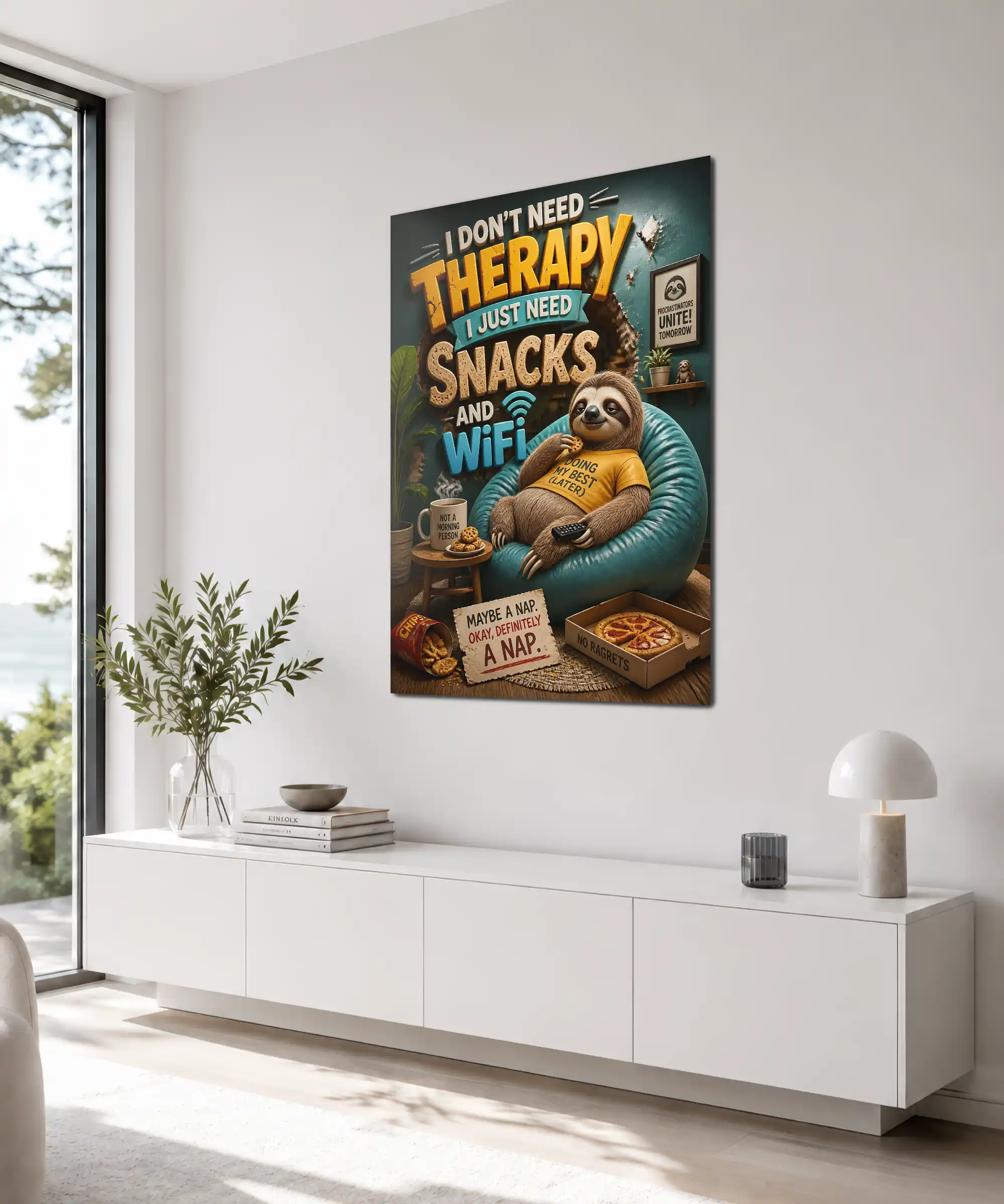 Lazy Sloth Funny Poster 4 painting Angled sloth wall art in a room with bold text, pizza, and nap humor