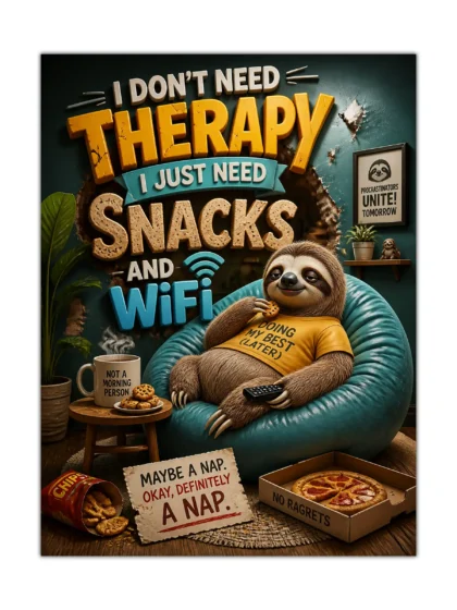 Funny sloth poster with snacks, Wi-Fi, and bold procrastination lettering