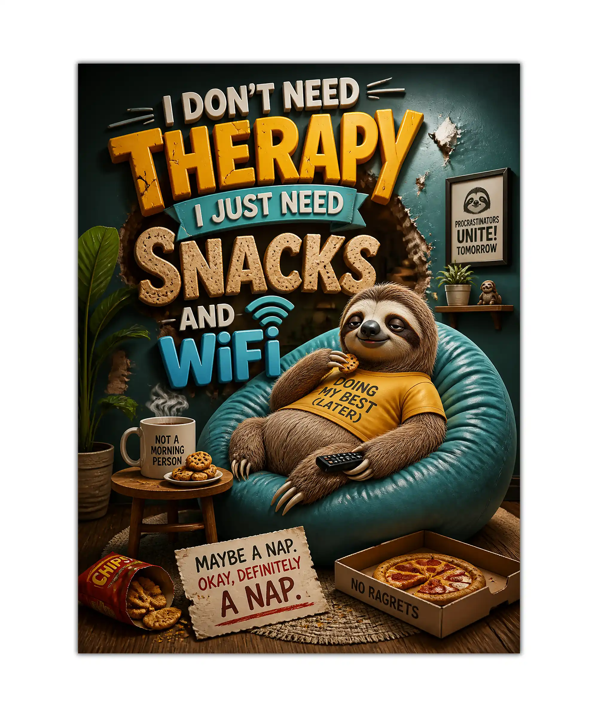 Lazy Sloth Funny Poster 1 painting Funny sloth poster with snacks, Wi-Fi, and bold procrastination lettering