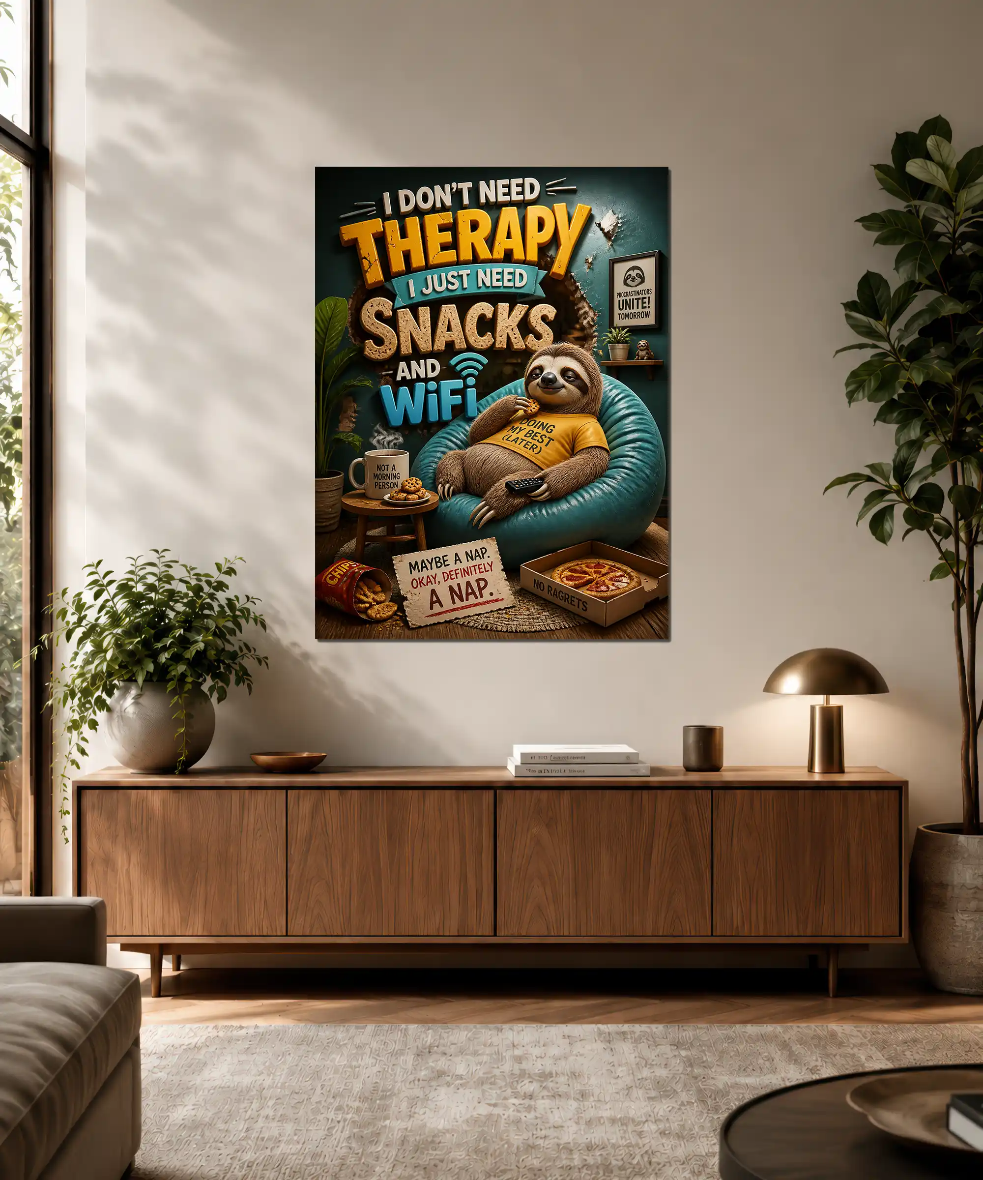 Lazy Sloth Funny Poster 3 painting Lazy sloth funny wall art displayed in a cozy room with snacks and Wi-Fi