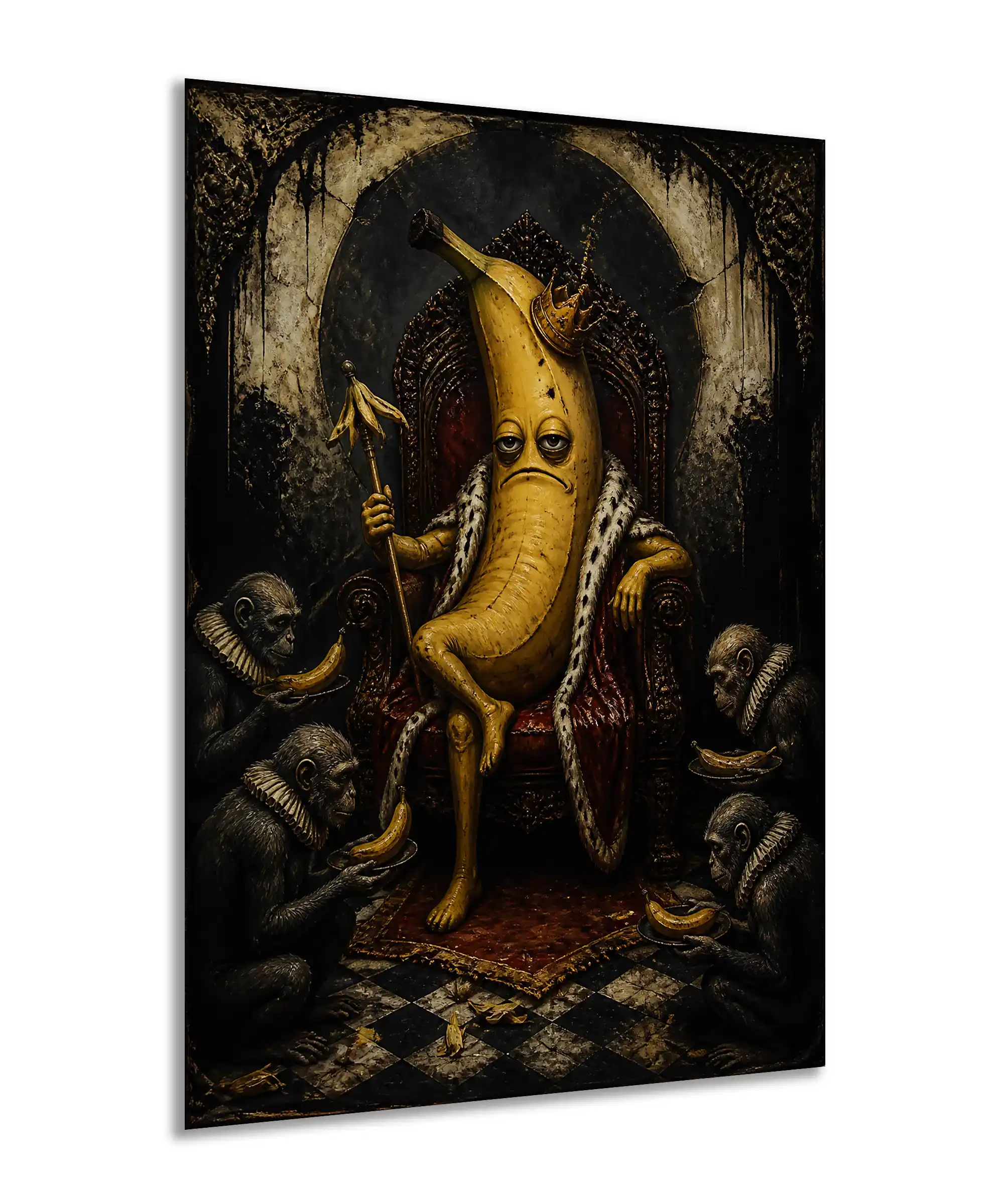 Banana King Surreal Poster 2 painting Angled surreal banana king poster showing monkeys, throne details, and dark baroque colors