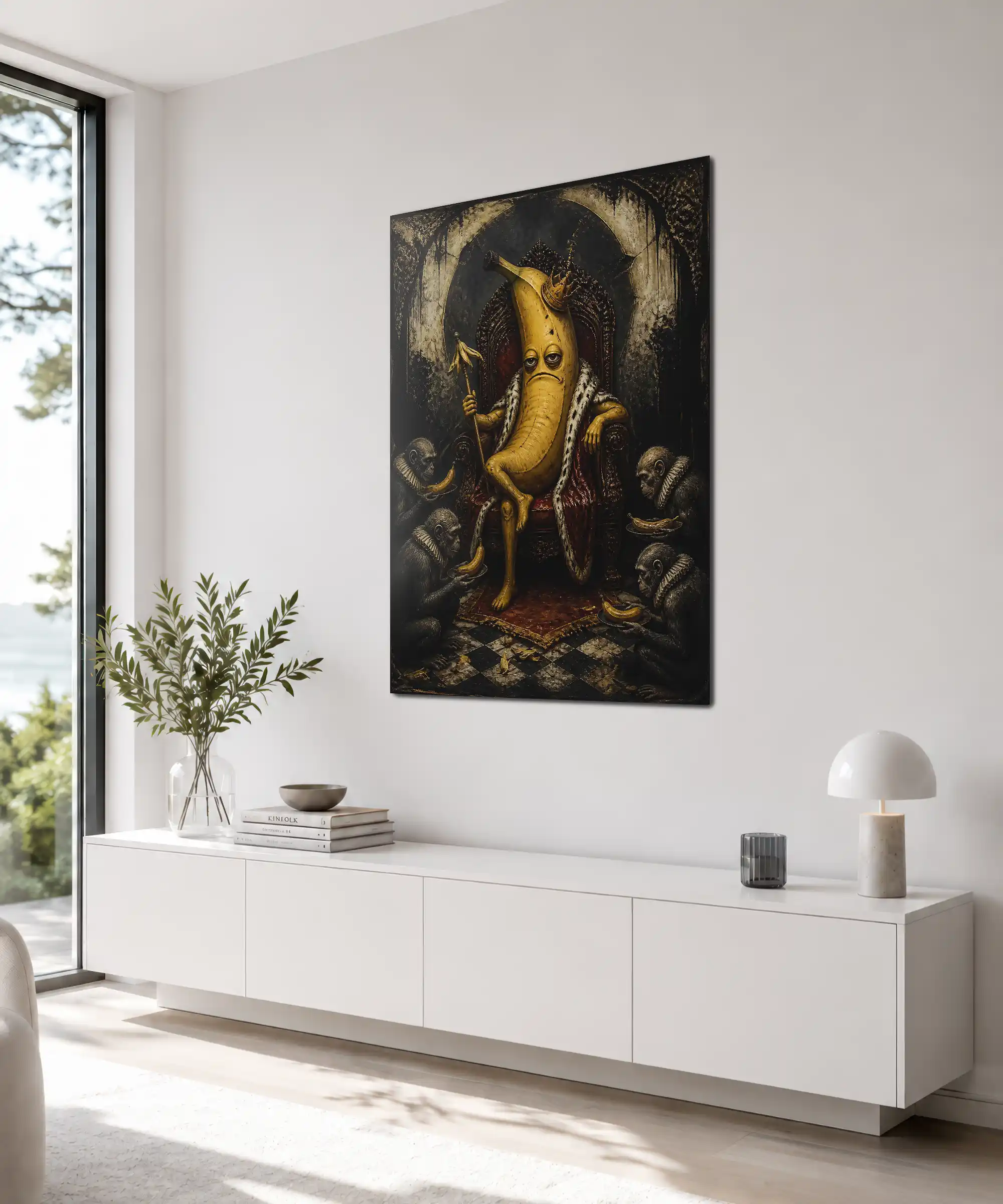Banana King Surreal Poster 4 painting Angled banana monarch wall poster in an interior with dark baroque surreal artwork