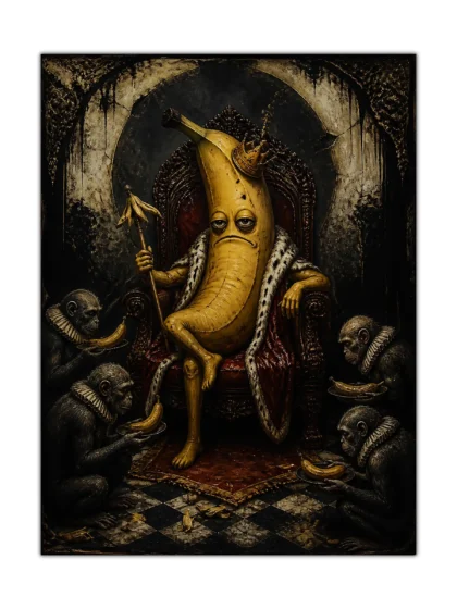 Crowned banana king seated on a throne with monkeys in a dark surreal poster