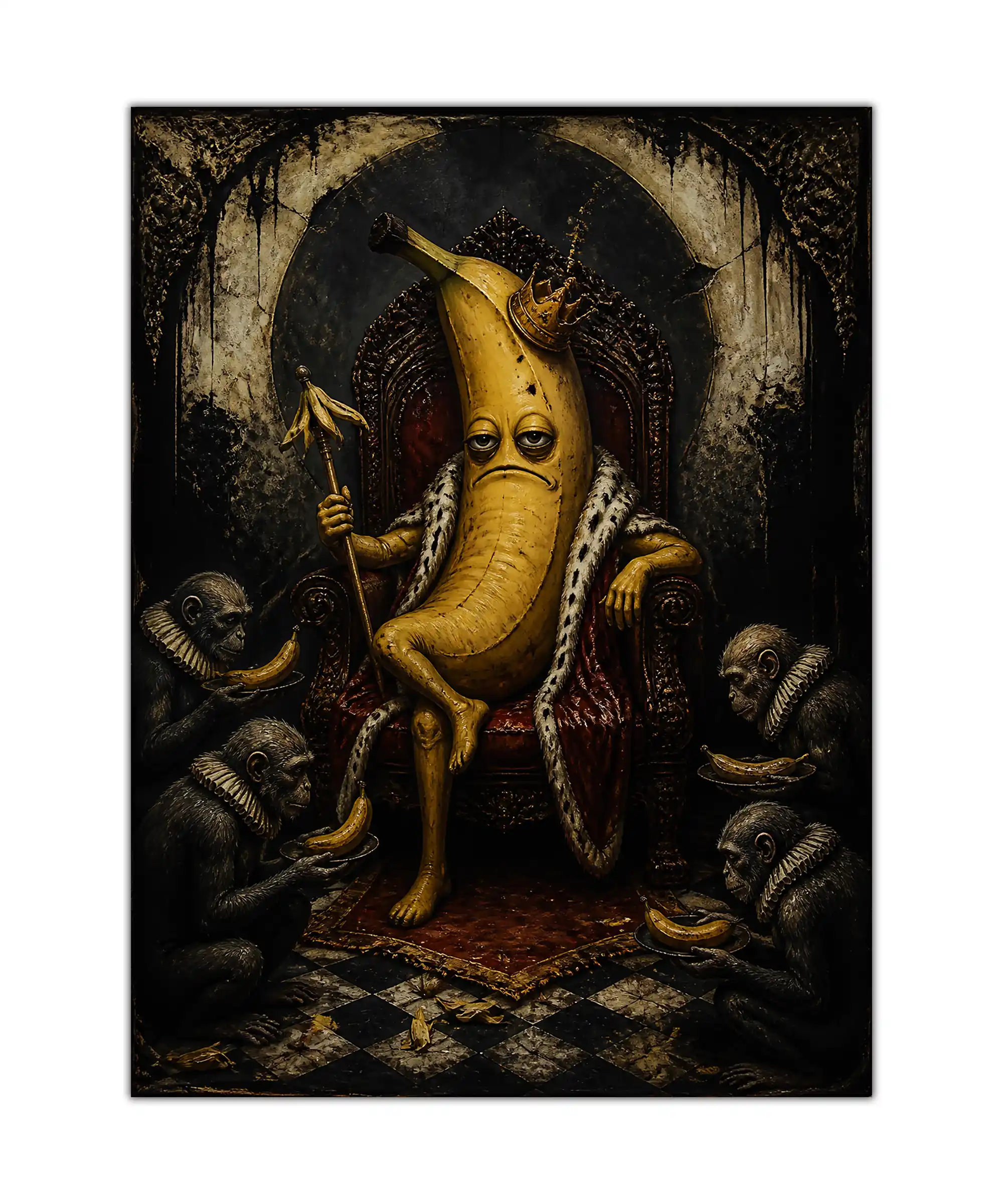 Banana King Surreal Poster 1 painting Crowned banana king seated on a throne with monkeys in a dark surreal poster